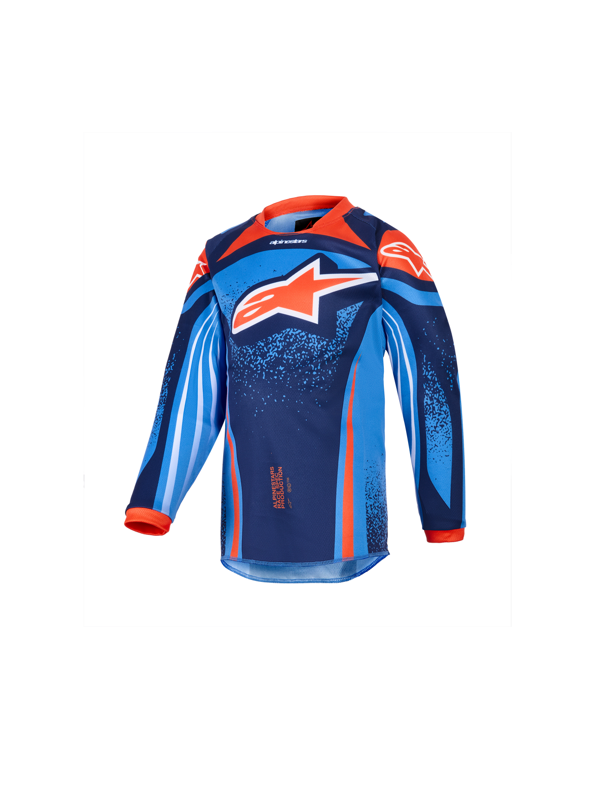 Alpinestars 2026 Kids Racer Nomur Jersey, langærmet motocross-trøje til børn, mørkeblå, orange og UCLA-blå, med et stort hvidt og orange stjernelogo, levende geometrisk og nistret grafik, orange krave og manchetter, performance-materiale til motocross-racing