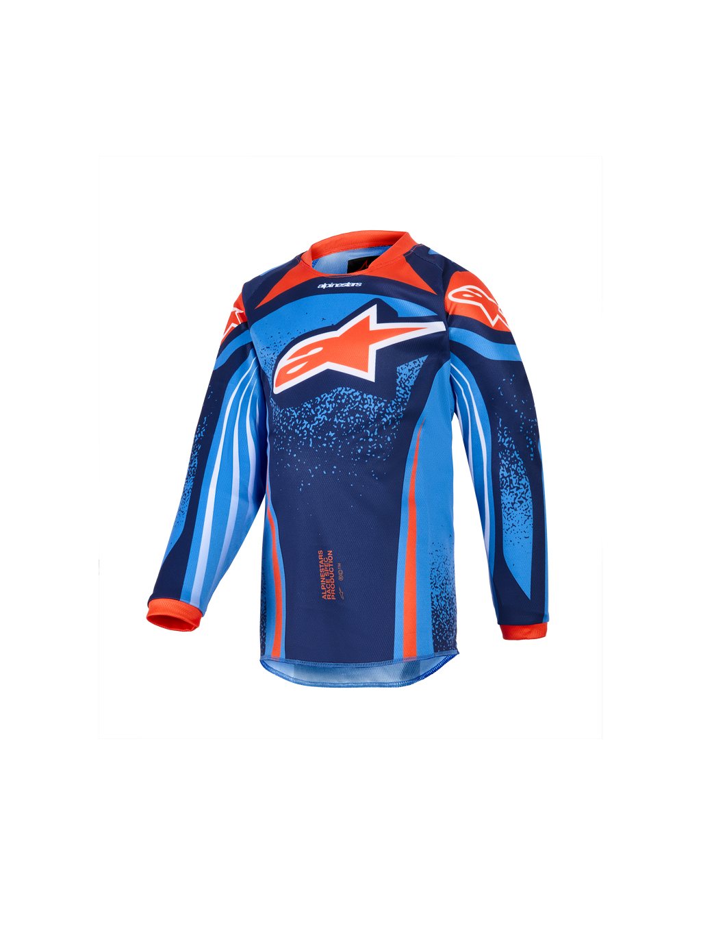Alpinestars 2026 Kids Racer Nomur Jersey, langærmet motocross-trøje til børn, mørkeblå, orange og UCLA-blå, med et stort hvidt og orange stjernelogo, levende geometrisk og nistret grafik, orange krave og manchetter, performance-materiale til motocross-racing