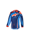 Alpinestars 2026 Kids Racer Nomur Jersey, langærmet motocross-trøje til børn, mørkeblå, orange og UCLA-blå, med et stort hvidt og orange stjernelogo, levende geometrisk og nistret grafik, orange krave og manchetter, performance-materiale til motocross-racing