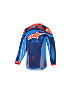 Alpinestars 2026 Kids Racer Nomur Jersey, langærmet motocross-trøje til børn, mørkeblå, orange og UCLA-blå, med et stort hvidt og orange stjernelogo, levende geometrisk og nistret grafik, orange krave og manchetter, performance-materiale til motocross-racing