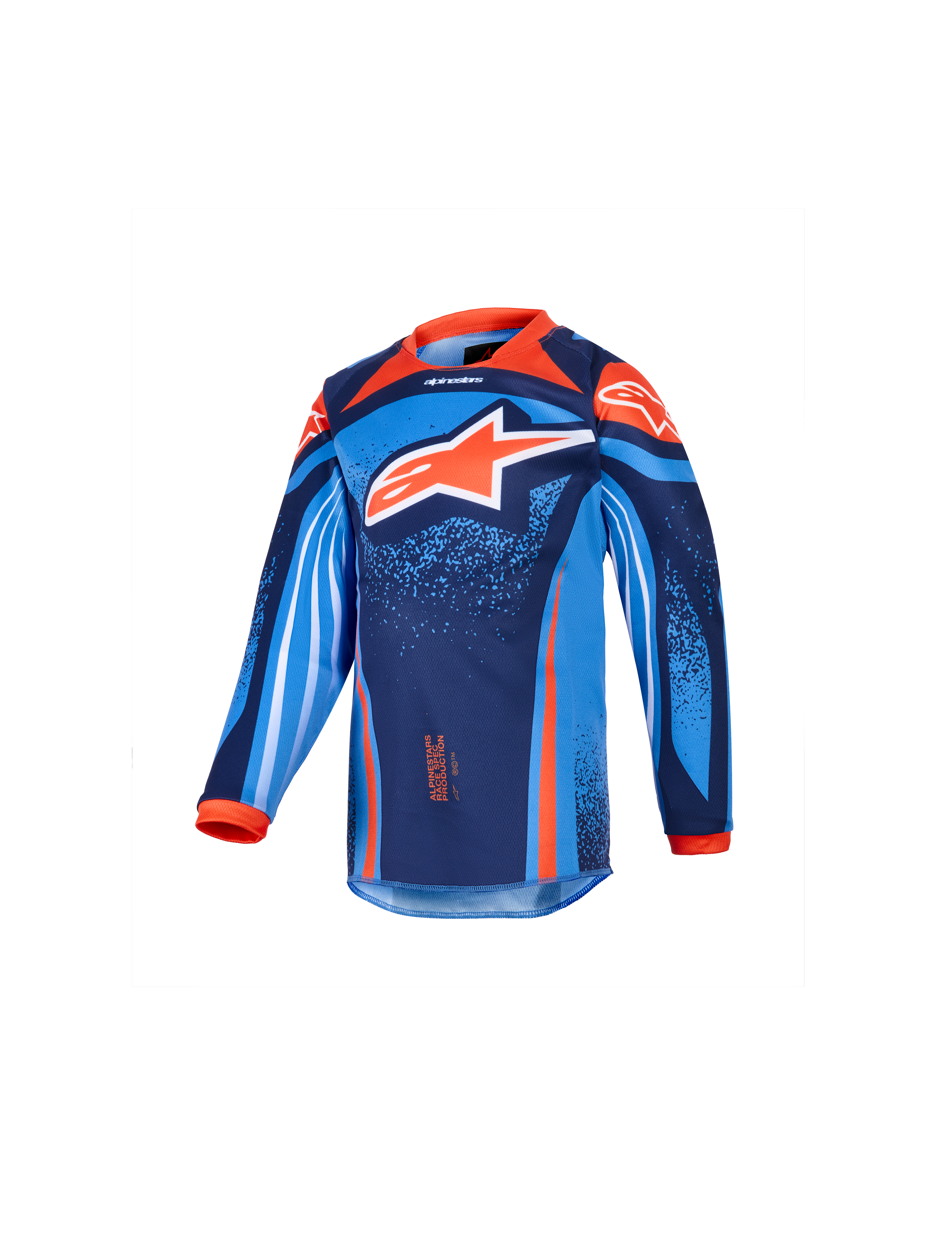 Alpinestars 2026 Kids Racer Nomur Jersey, langærmet motocross-trøje til børn, mørkeblå, orange og UCLA-blå, med et stort hvidt og orange stjernelogo, levende geometrisk og nistret grafik, orange krave og manchetter, performance-materiale til motocross-racing