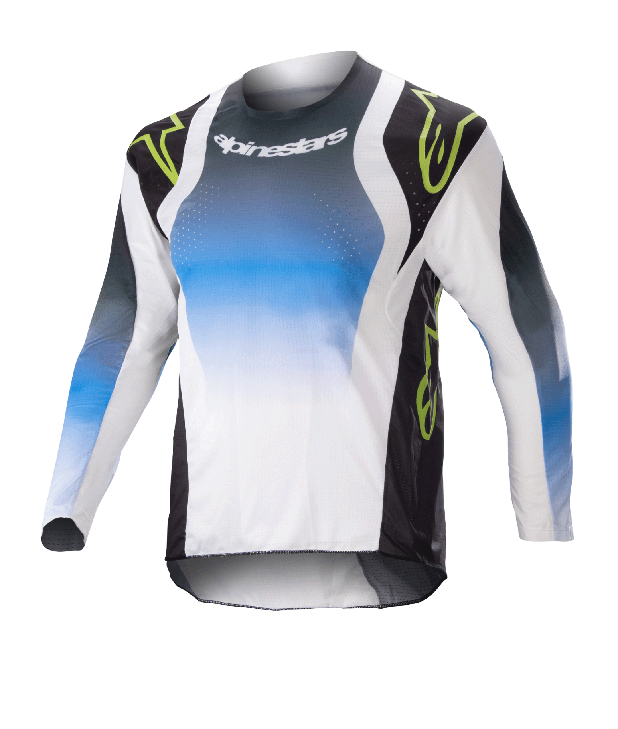 Alpinestars Kids 2023 Racer Push Jersey, langærmet motocross-trøje til børn, blå, hvid og sort med neongrønne detaljer, gradient-design med Alpinestars-logo på brystet, letvægts åndbart stof til off-road-performance