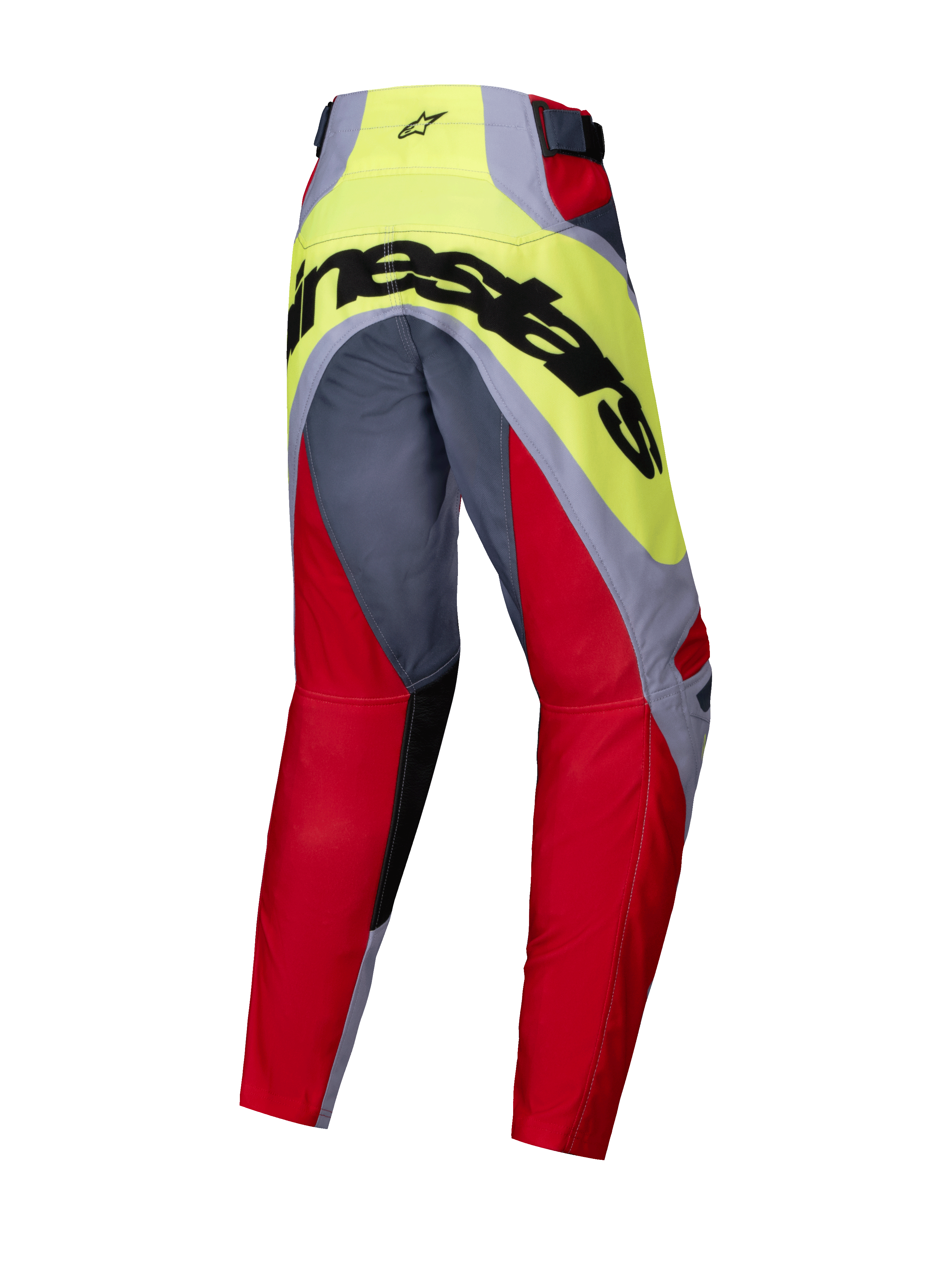 Alpinestars 2025 Youth Racer Melt bukser, motocross-bukser, klar rød og grå med neongult bærestykke, set bagfra med stort sort Alpinestars-logo over sædet, ergonomisk forbøjet konstruktion til motocross-løb for unge