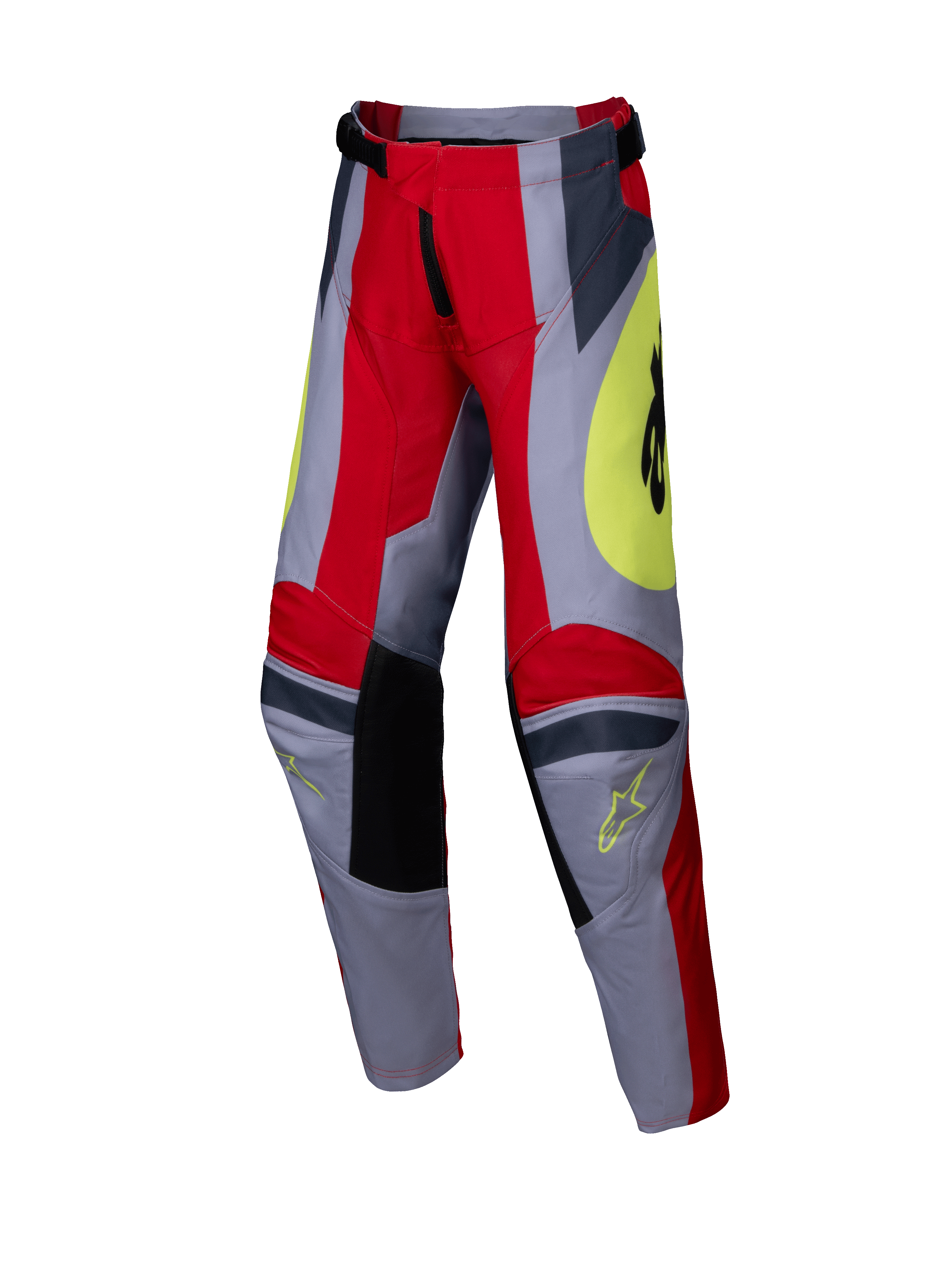 Alpinestars 2025 Youth Racer Melt Pants, Motocross Pants for Kids, Bright Red and Gray with Yellow accents, featuring black reinforced knee panels, bold angular graphics and Astars logos, durable design for off-road racing