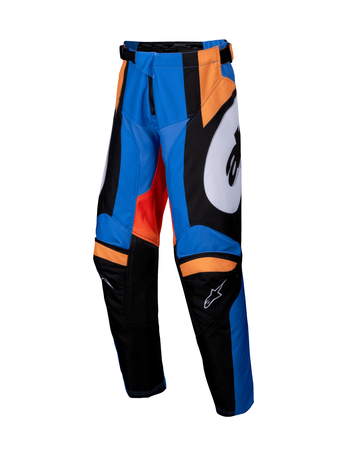 Alpinestars 2025 Youth Racer Melt bukser, motocross-bukser, orange og blå med sorte og hvide accenter, markante grafiske paneler, forbuet benkonstruktion, forstærkede indvendige knæ, justerbar talje med skraldelukning