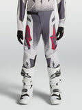 Alpinestars Youth Supertech Swan Pants, performance motocross racing gear in gray and lilac textile with red accents.