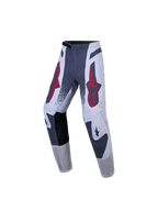 Alpinestars Ungdom Supertech Swan bukser, motocrossbukser i grå og hvid med røde stjernelogoer, atletisk stretch rip-stop.