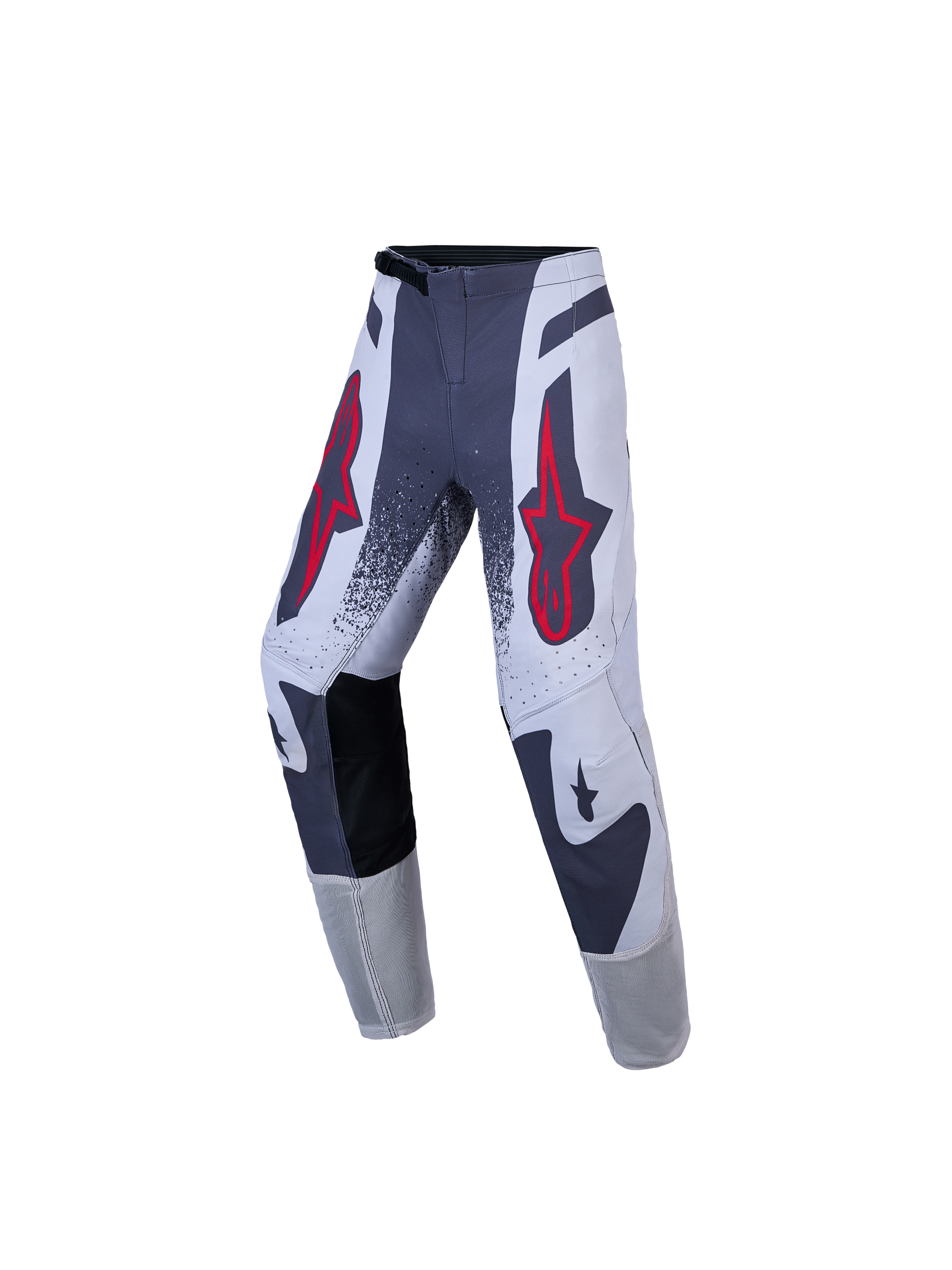 Alpinestars Ungdom Supertech Swan bukser, motocrossbukser i grå og hvid med røde stjernelogoer, atletisk stretch rip-stop.
