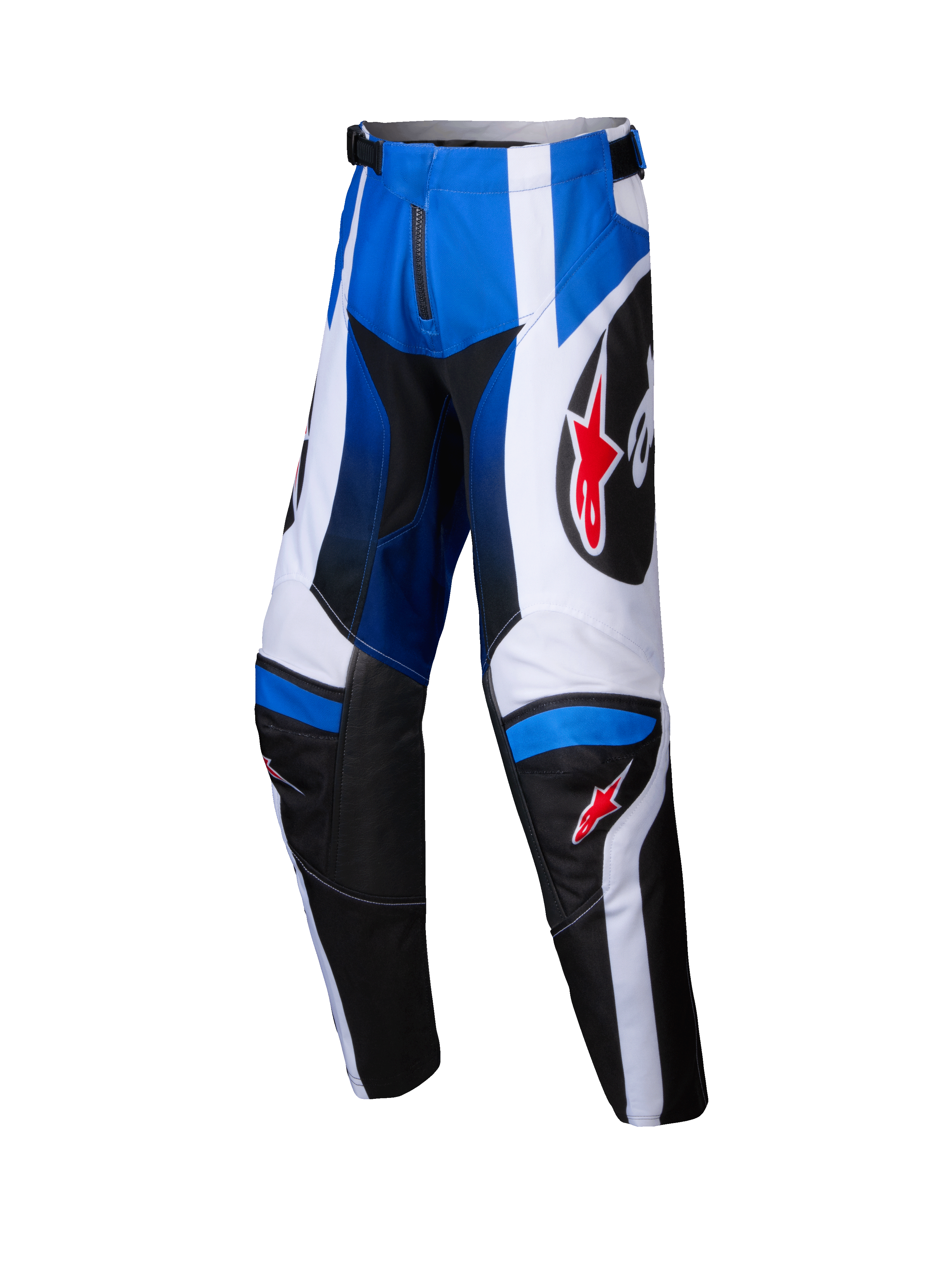 Alpinestars 2025 Youth Racer Wurx bukser, motocross-bukser, blå, sort og hvid, røde stjerne-logoer, off-road racingudstyr til unge