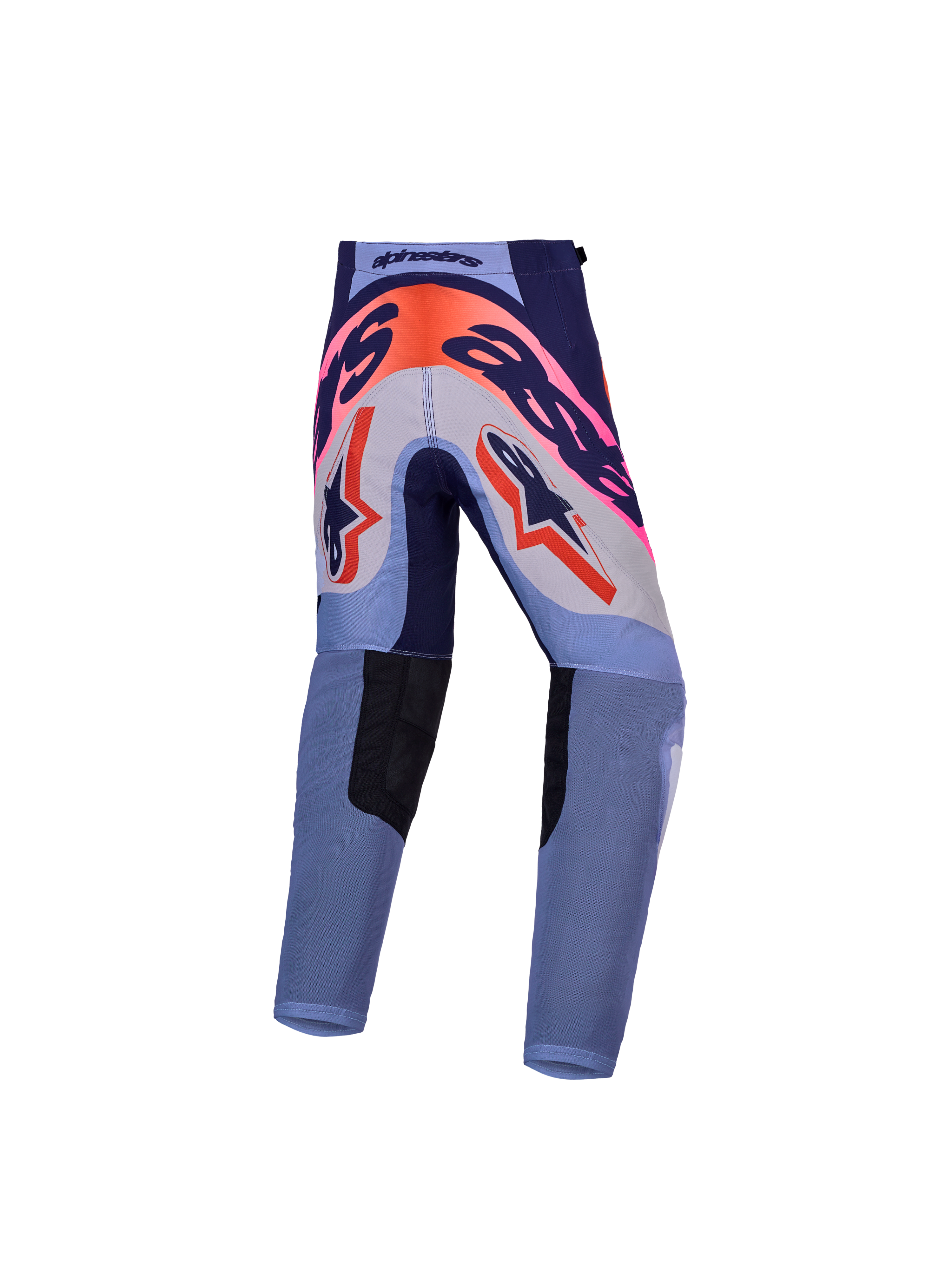 Alpinestars Supertech Dyna motocrossbukser til ungdom, lilla og pink fluo med slidstærk 600D sædeforstærkning, set bagfra.