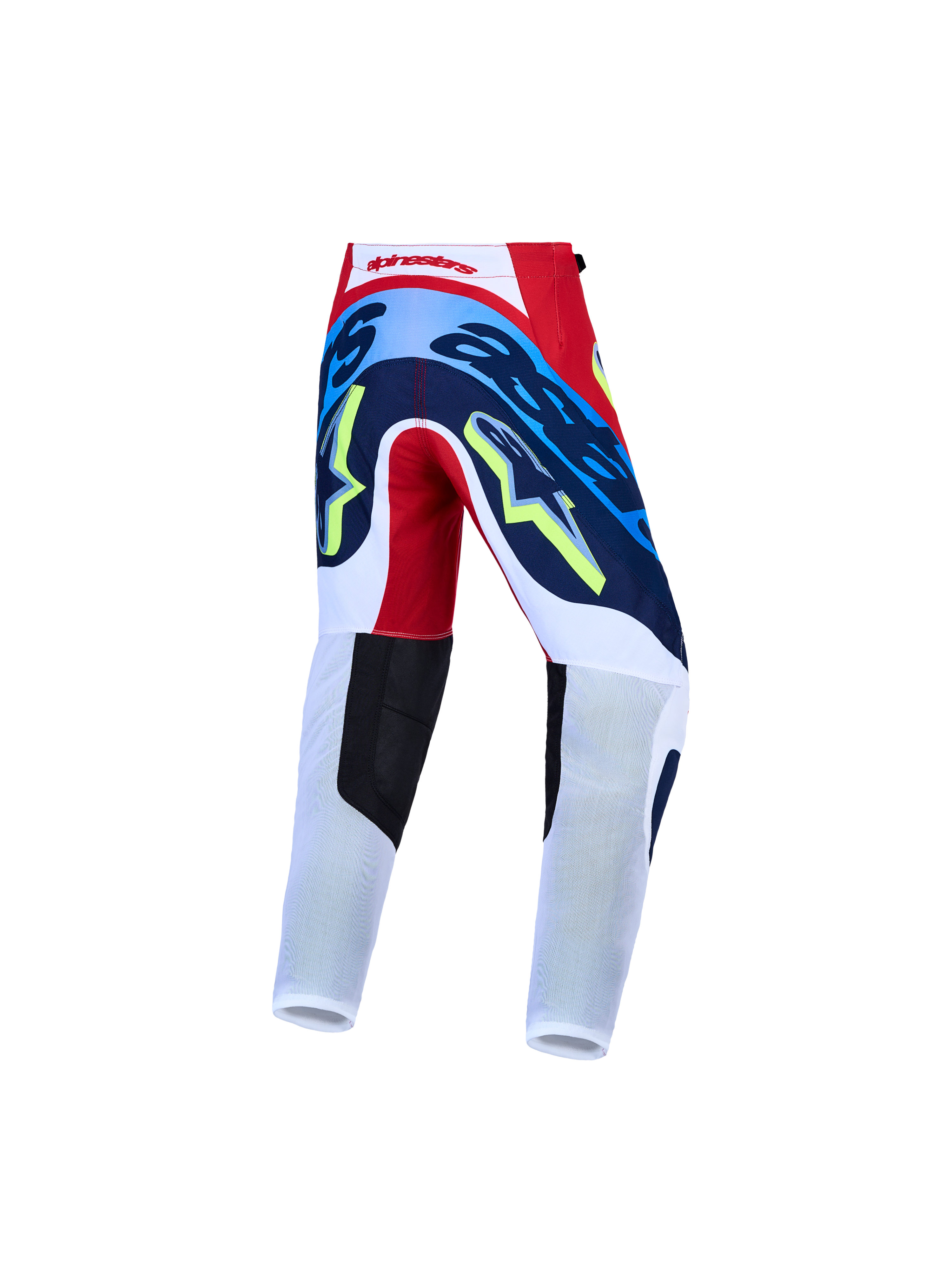 Alpinestars Supertech Dyna bukser til ungdom, motocrossbukser i rød, hvid og mørkeblå, bagfra, atletisk pasform til MX