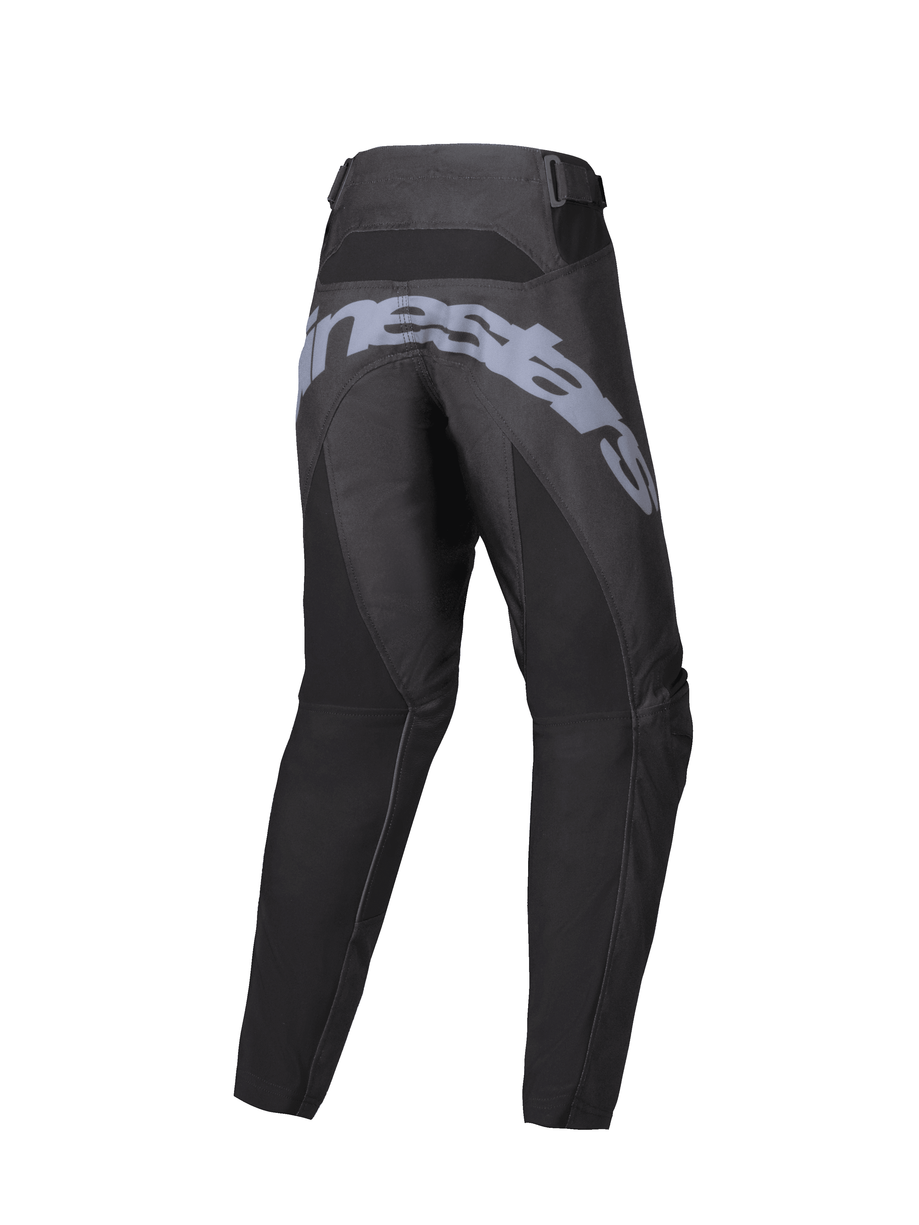 Alpinestars 2025 Youth Racer Graphite Pants, Motocross Pants, Black and Gray, rear view featuring large gray branding across the seat, pre-curved ergonomic construction, and adjustable waist straps for off-road riding