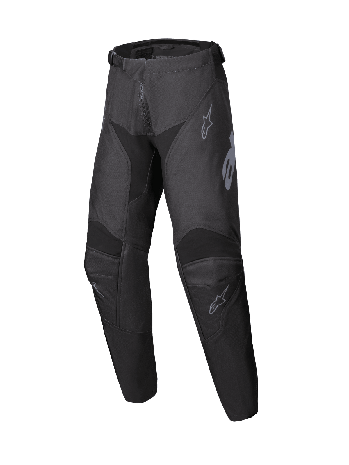 Alpinestars 2025 Youth Racer Graphite Pants, Motocross Pants in Black and Gray, youth off-road riding gear with reinforced knee areas and subtle gray logos, durable ergonomic design