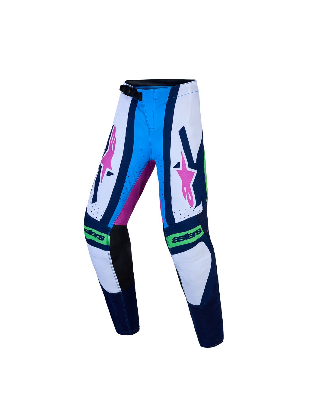 Alpinestars Youth Supertech Maven Motocross Pants, blue and white performance gear with pink accents and ratchet closure.
