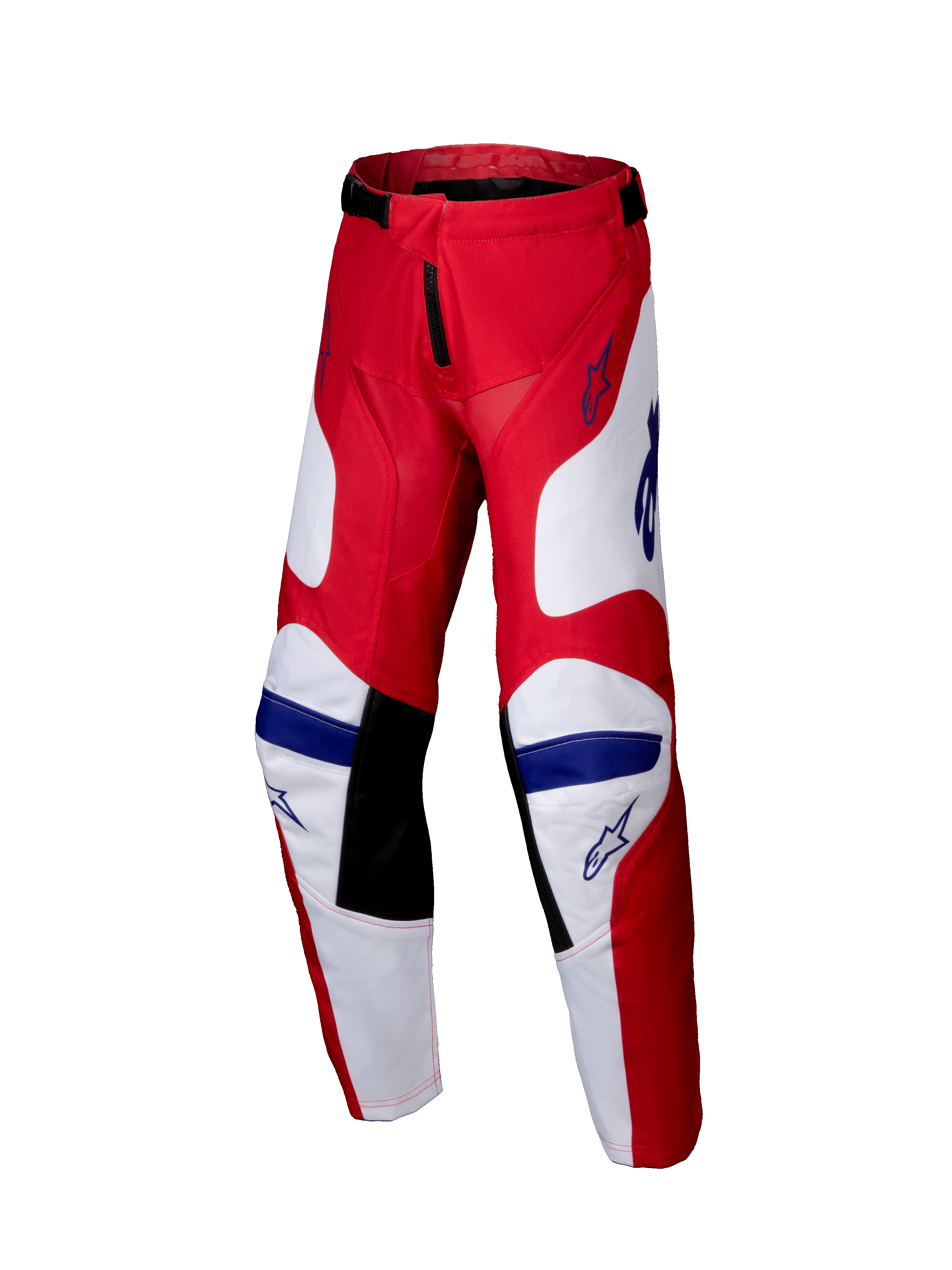 Alpinestars 2025 Youth Racer Veil bukser, motocrossbukser til unge, klar rød og hvid med blå detaljer, sorte indvendige knæpaneler, ergonomisk forbuede design, slidstærkt poly-materiale til terrænkørsel