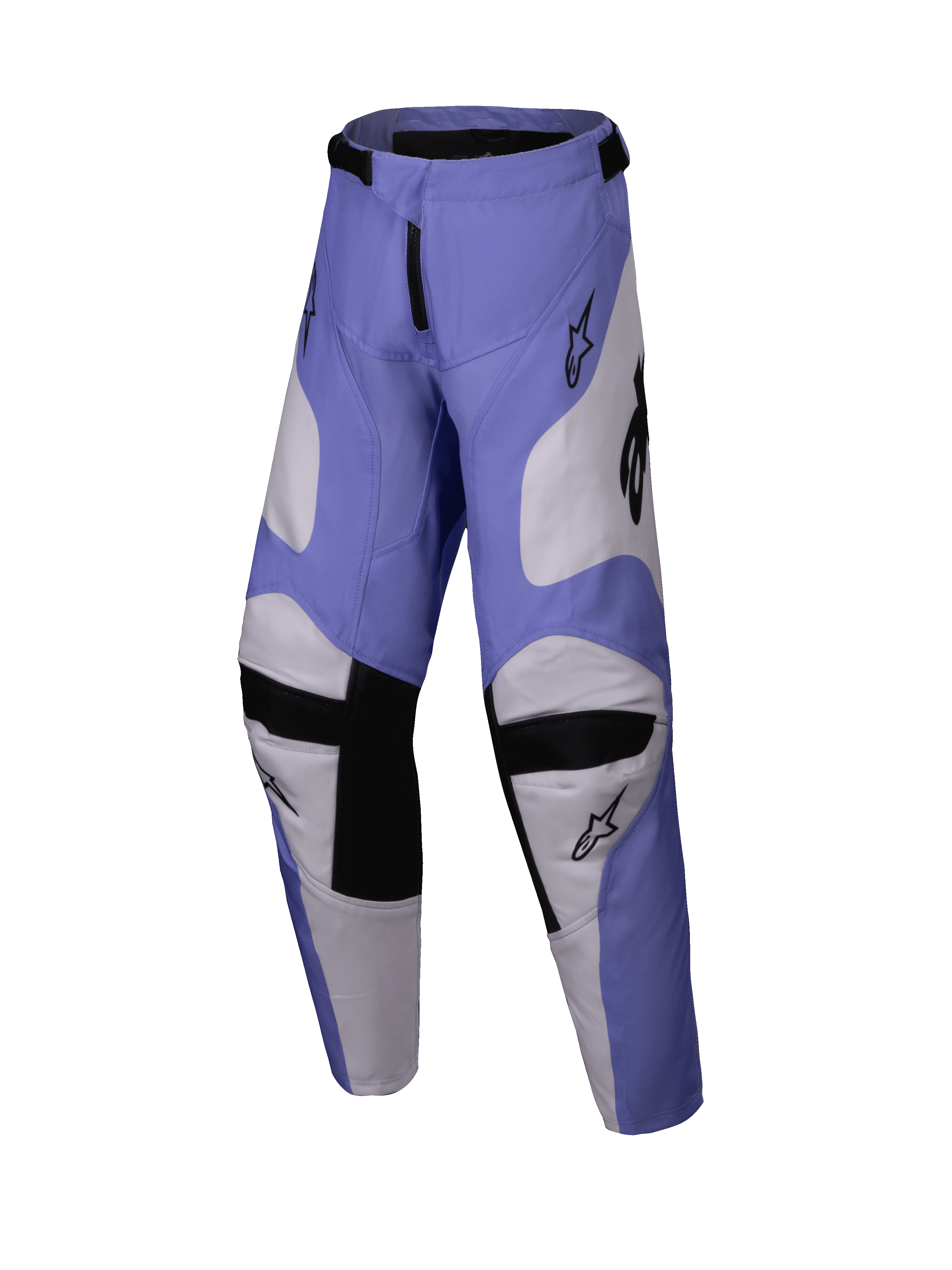Alpinestars 2025 Youth Racer Veil bukser, motocross-bukser, lilla og hvid med sort, med indvendige knæpaneler i gedelæder og et forbuet ergonomisk design, holdbart off-road køreudstyr til unge