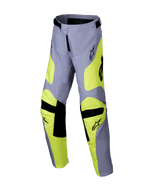Alpinestars 2025 Youth Racer Veil Pants, Motocross Pants, Gray and Yellow Fluo, black accents on knees and waist, sporty design with pre-curved legs and logos, durable off-road racing gear