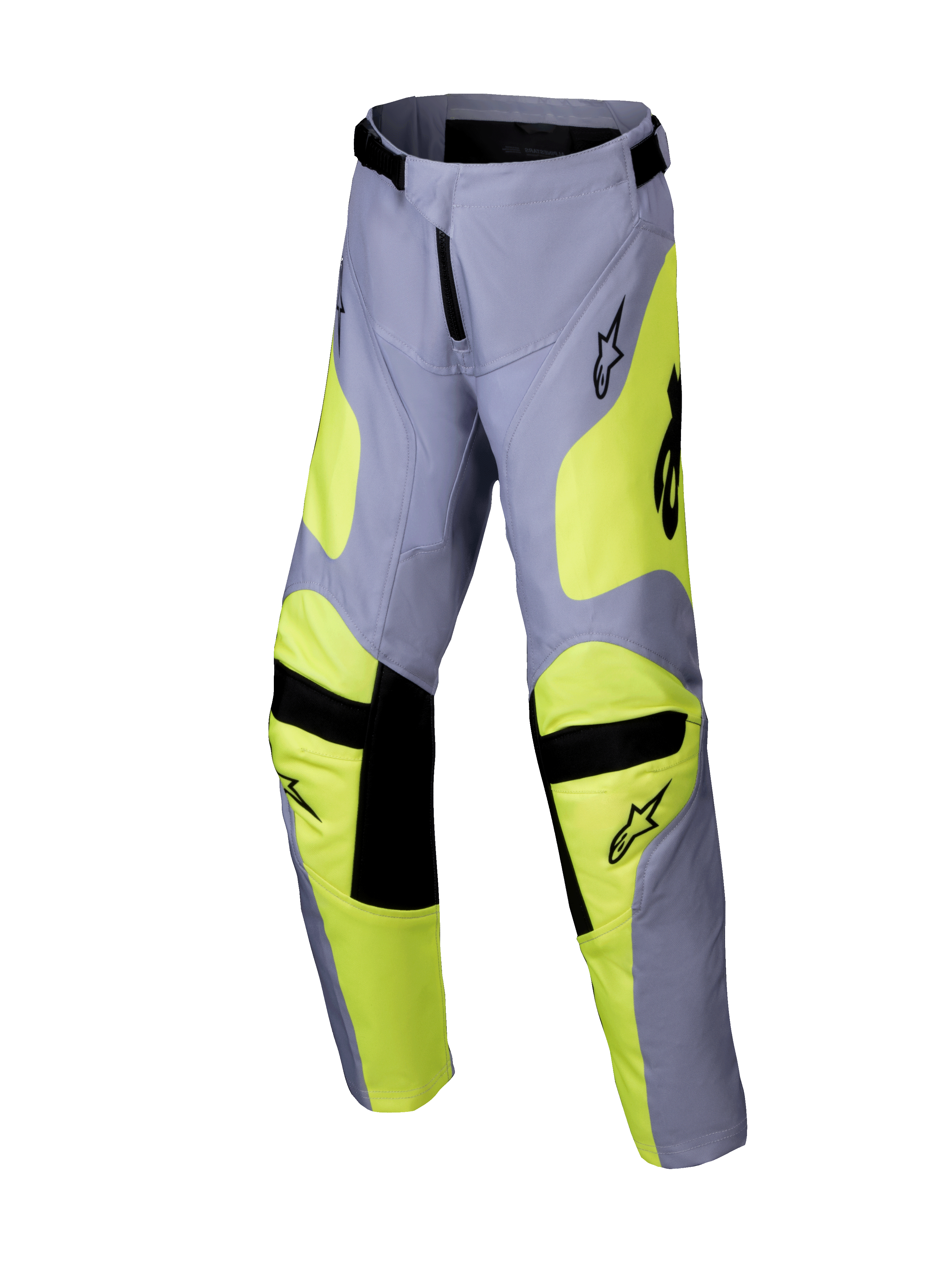 Alpinestars 2025 Youth Racer Veil bukser, motocross-bukser, grå og neongul, sorte detaljer på knæ og i taljen, sportsligt design med forformede ben og logoer, holdbart off-road racerudstyr