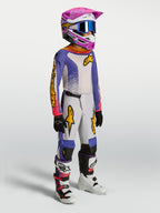 Alpinestars 2027 Fluid Drag bukser ungdom, motocrossudstyr i blå og guld, slidstærkt tekstil og ergonomisk pasform til off-road kørsel.