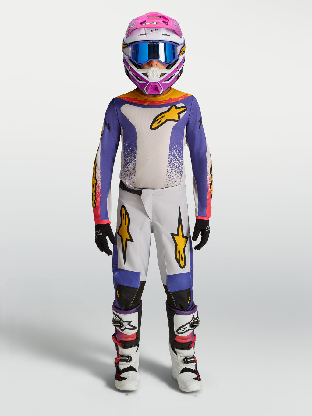 Alpinestars 2027 Fluid Drag bukser til ungdom, lilla og hvidt motocross-udstyrssæt med gulddetaljer til terrænkørsel