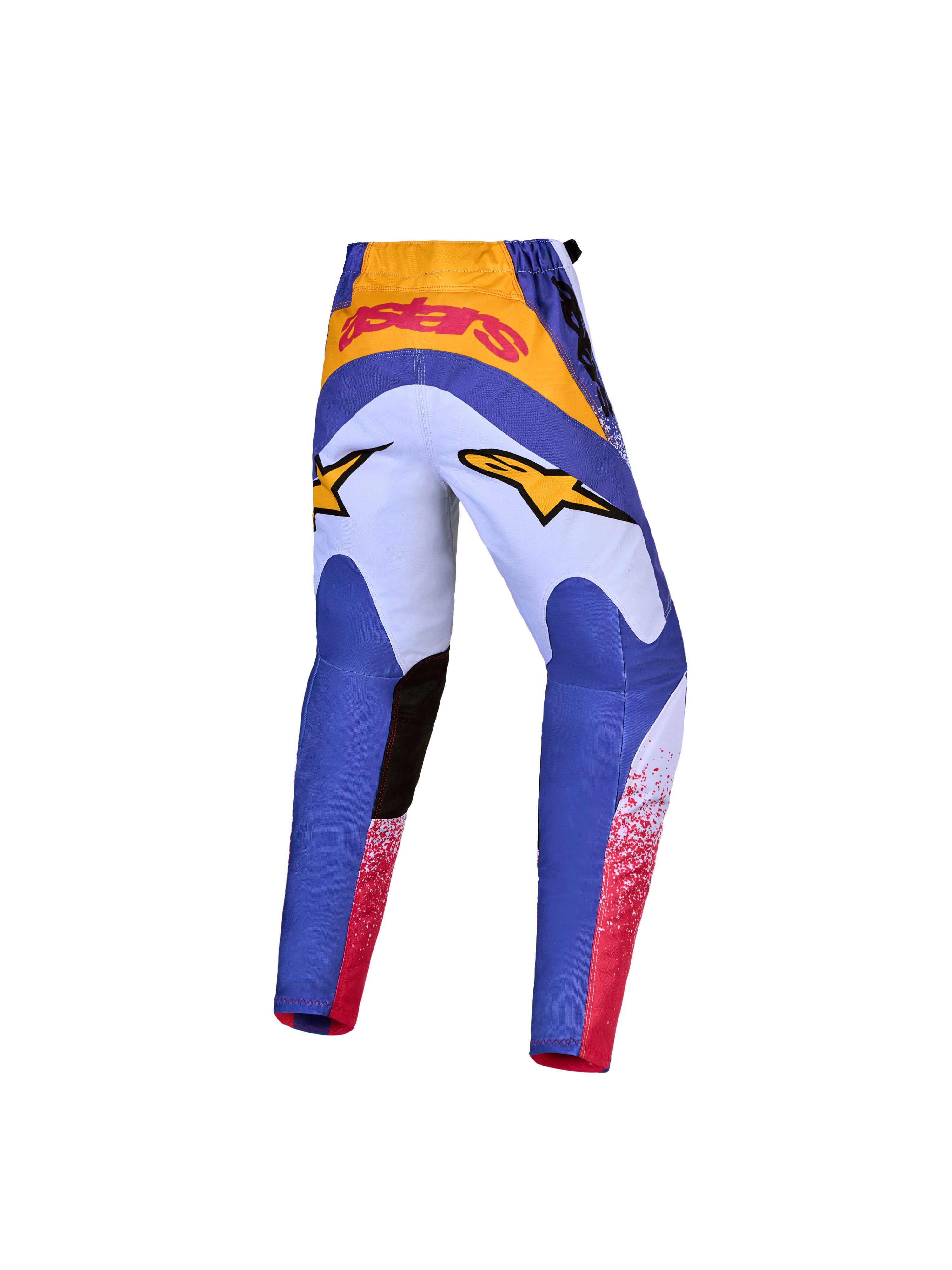 Alpinestars 2027 Fluid Drag bukser til ungdom, blå og guld motocrossbukser med hvide og røde detaljer, set bagfra.