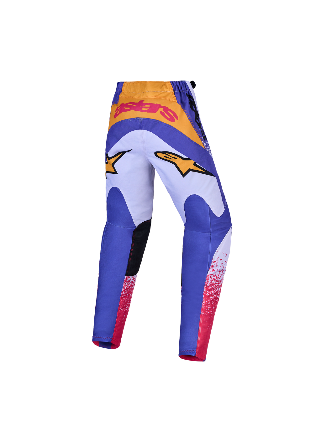 Alpinestars Fluid Drag bukser til ungdom, blå og lilla motocrossbukser med guld-detaljer og forstærket sæde.
