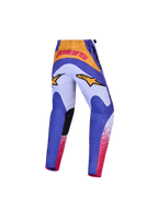 Alpinestars Fluid Drag bukser til ungdom, blå og lilla motocrossbukser med guld-detaljer og forstærket sæde.