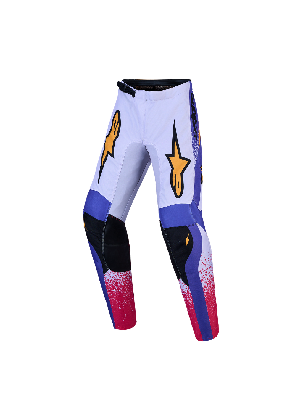 Alpinestars Fluid Drag bukser til ungdom, motocrossbukser i lilla og blå, slidstærkt 600D polyfabric med forbuet bendesign.