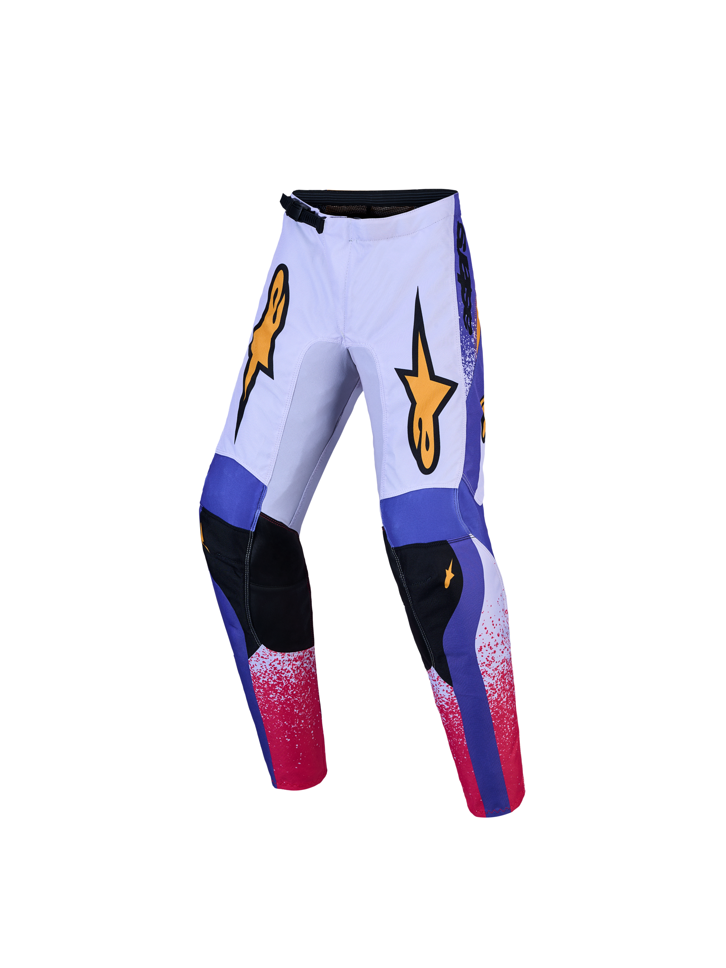 Alpinestars Fluid Drag bukser til ungdom, motocrossbukser i lilla og blå, slidstærkt 600D polyfabric med forbuet bendesign.