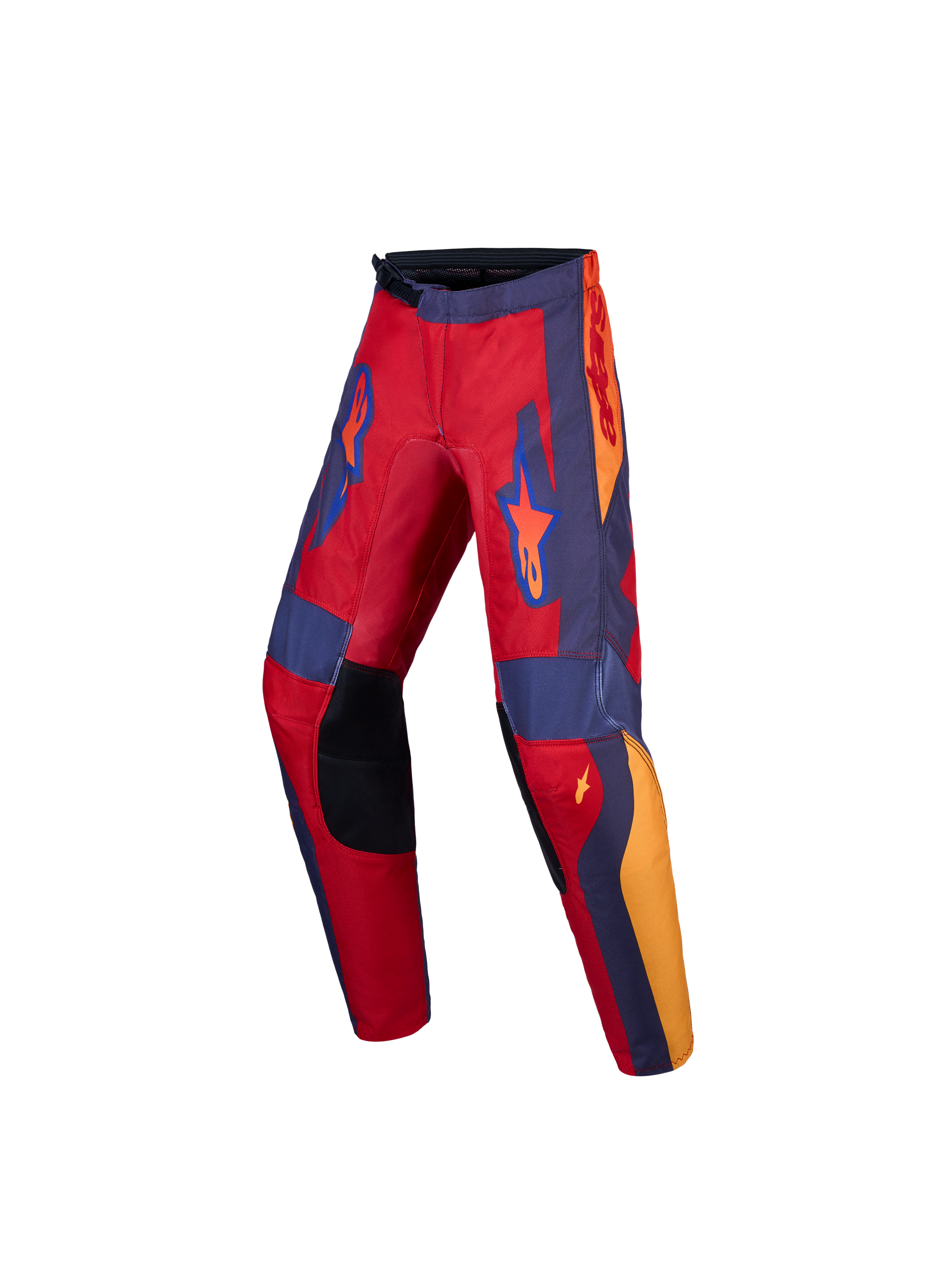 Alpinestars Fluid Hunt motocrossbukser til ungdom, rød og grå med forstærkede knæ og strækpaneler.