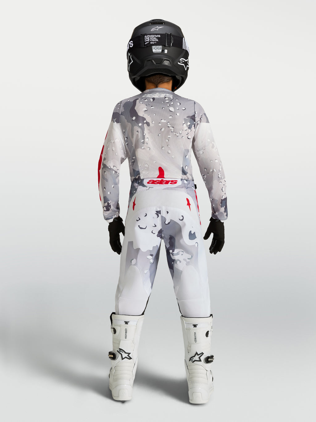 Alpinestars 2027 Fluid Lone Bukser Ungdom, motocrossbukser i grå camouflage og hvid, set bagfra på en ung rytter