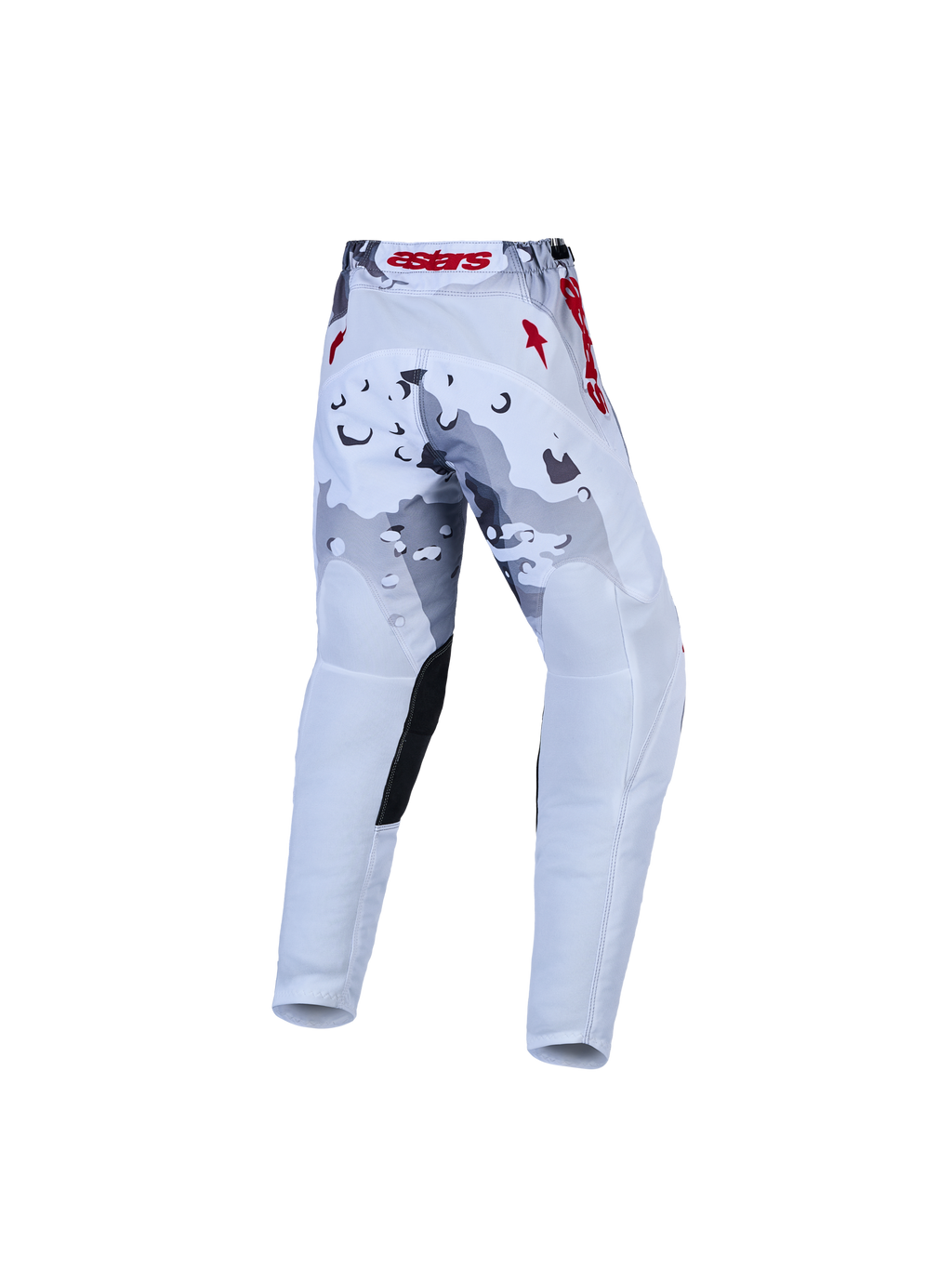 Alpinestars Youth Fluid Lone motocrossbukser, ungdom, hvid og grå camo, røde detaljer, forstærket sæde, set bagfra.