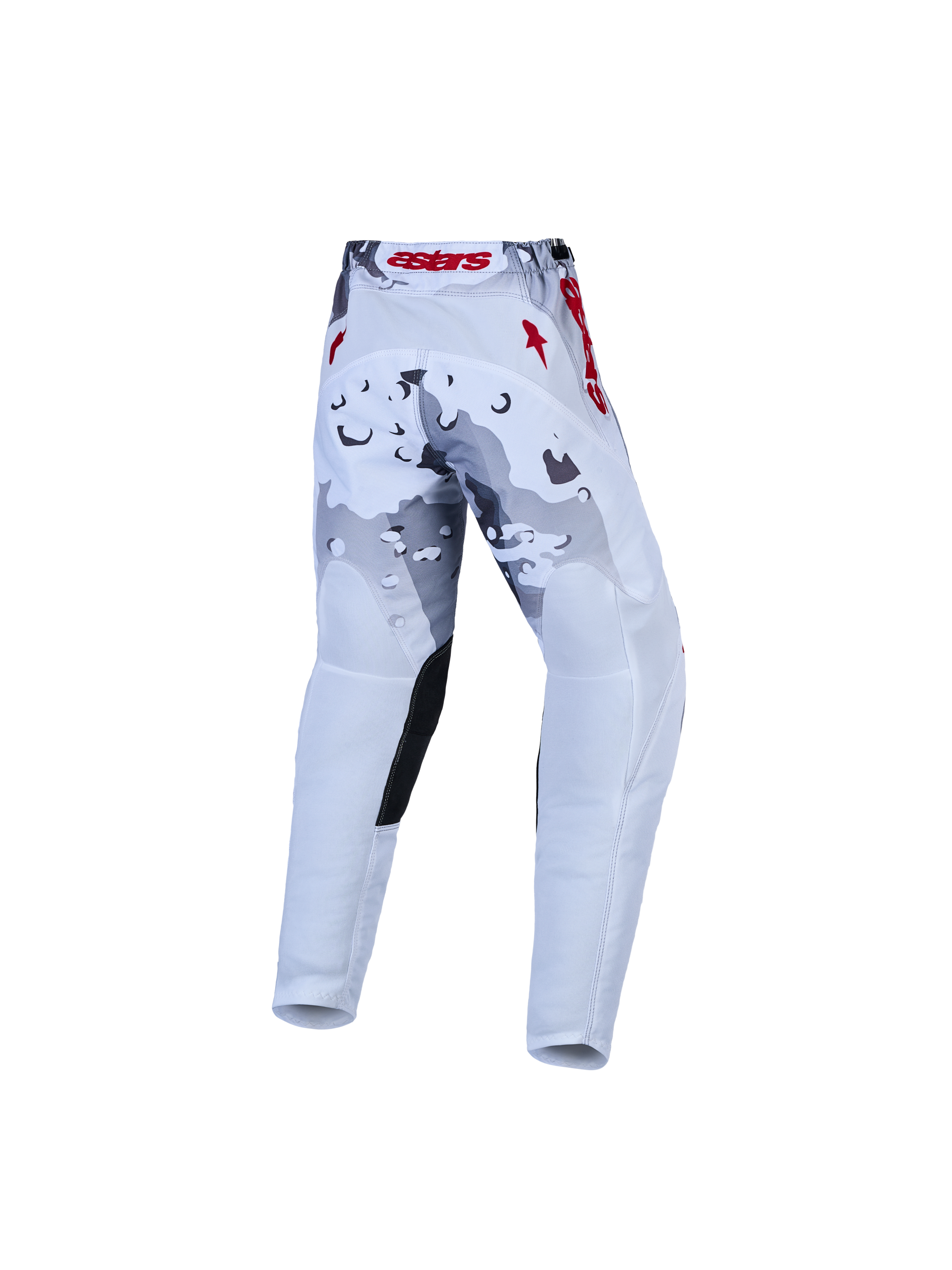 Alpinestars Youth Fluid Lone motocrossbukser, ungdom, hvid og grå camo, røde detaljer, forstærket sæde, set bagfra.