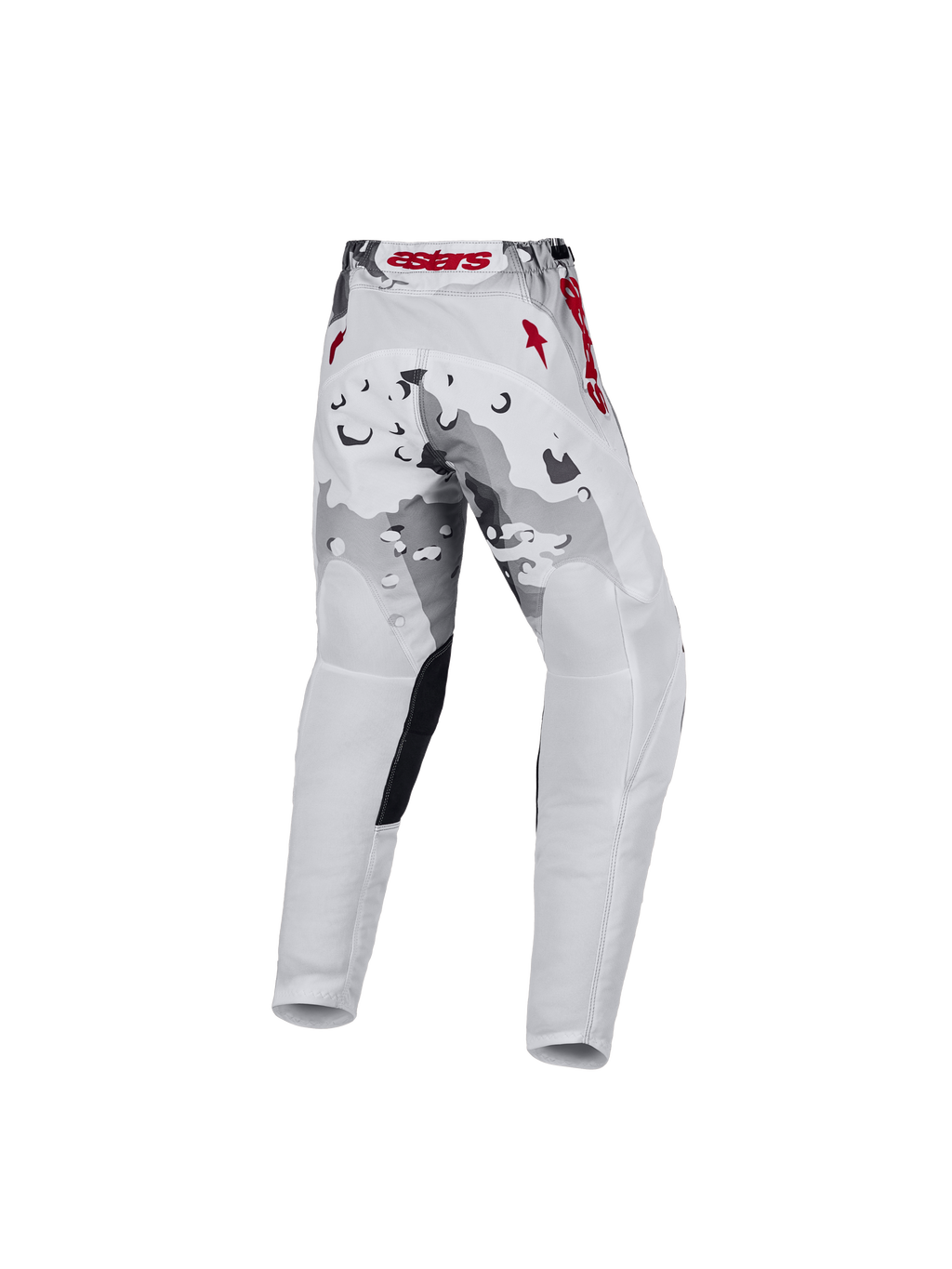 Alpinestars 2027 Fluid Lone bukser til ungdom, motocrossudstyr i grå camouflage og hvid med røde detaljer, set bagfra