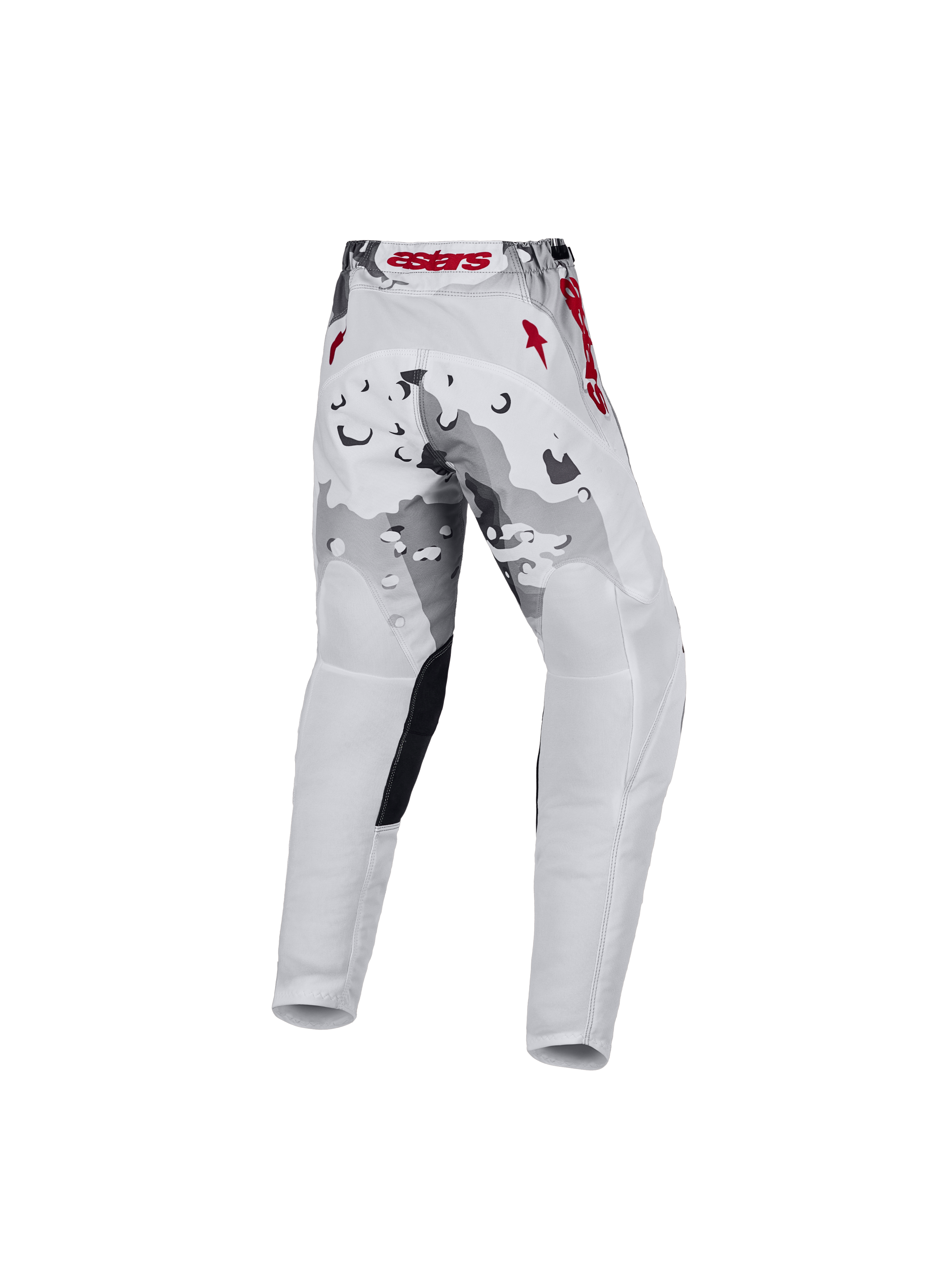 Alpinestars 2027 Fluid Lone bukser til ungdom, motocrossudstyr i grå camouflage og hvid med røde detaljer, set bagfra