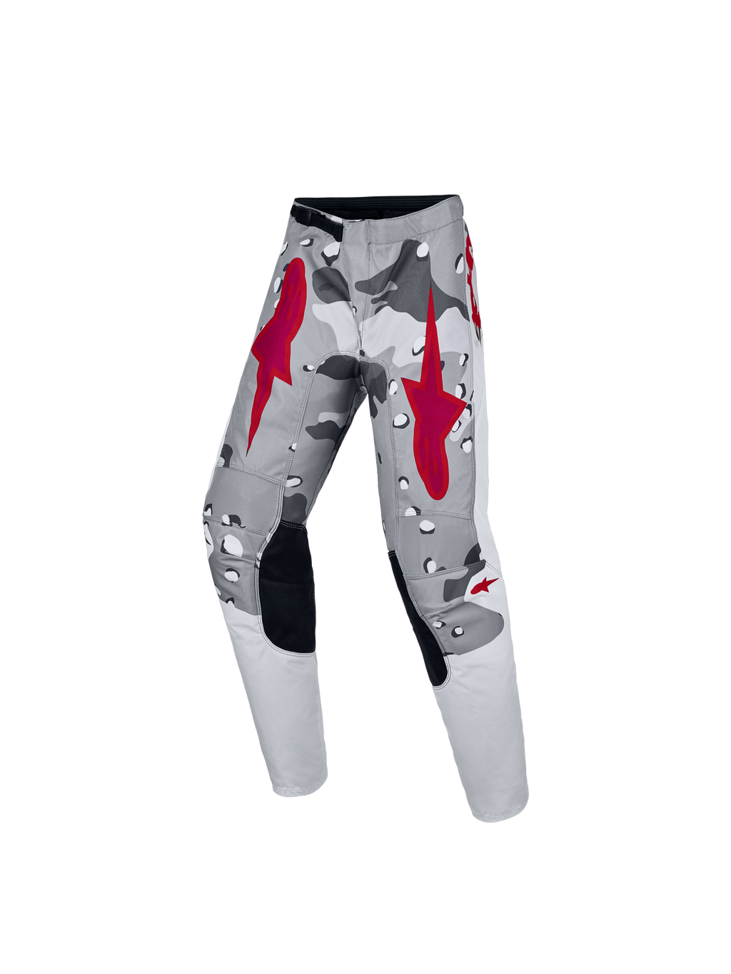 Alpinestars Fluid Lone bukser til ungdom, grå camouflage og rød, ergonomiske motocrossbukser til terrænkørsel.