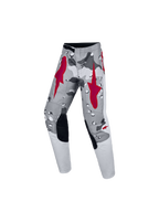 Alpinestars Fluid Lone bukser til ungdom, grå camouflage og rød, ergonomiske motocrossbukser til terrænkørsel.