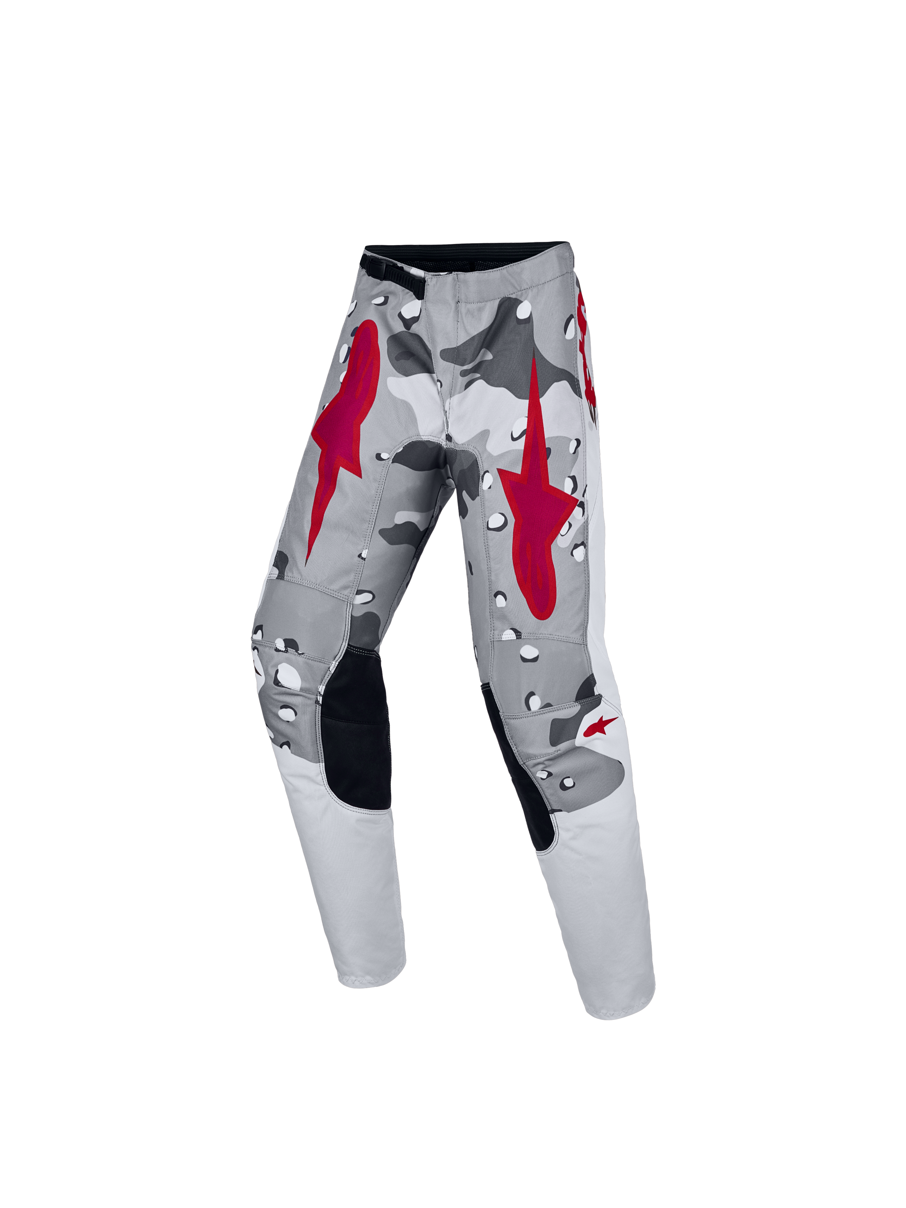 Alpinestars Fluid Lone bukser til ungdom, grå camouflage og rød, ergonomiske motocrossbukser til terrænkørsel.