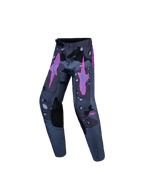 Alpinestars Youth Fluid Lone V2 Pants, youth motocross gear in dark grey camo with bright pink star logos and reinforced knees.