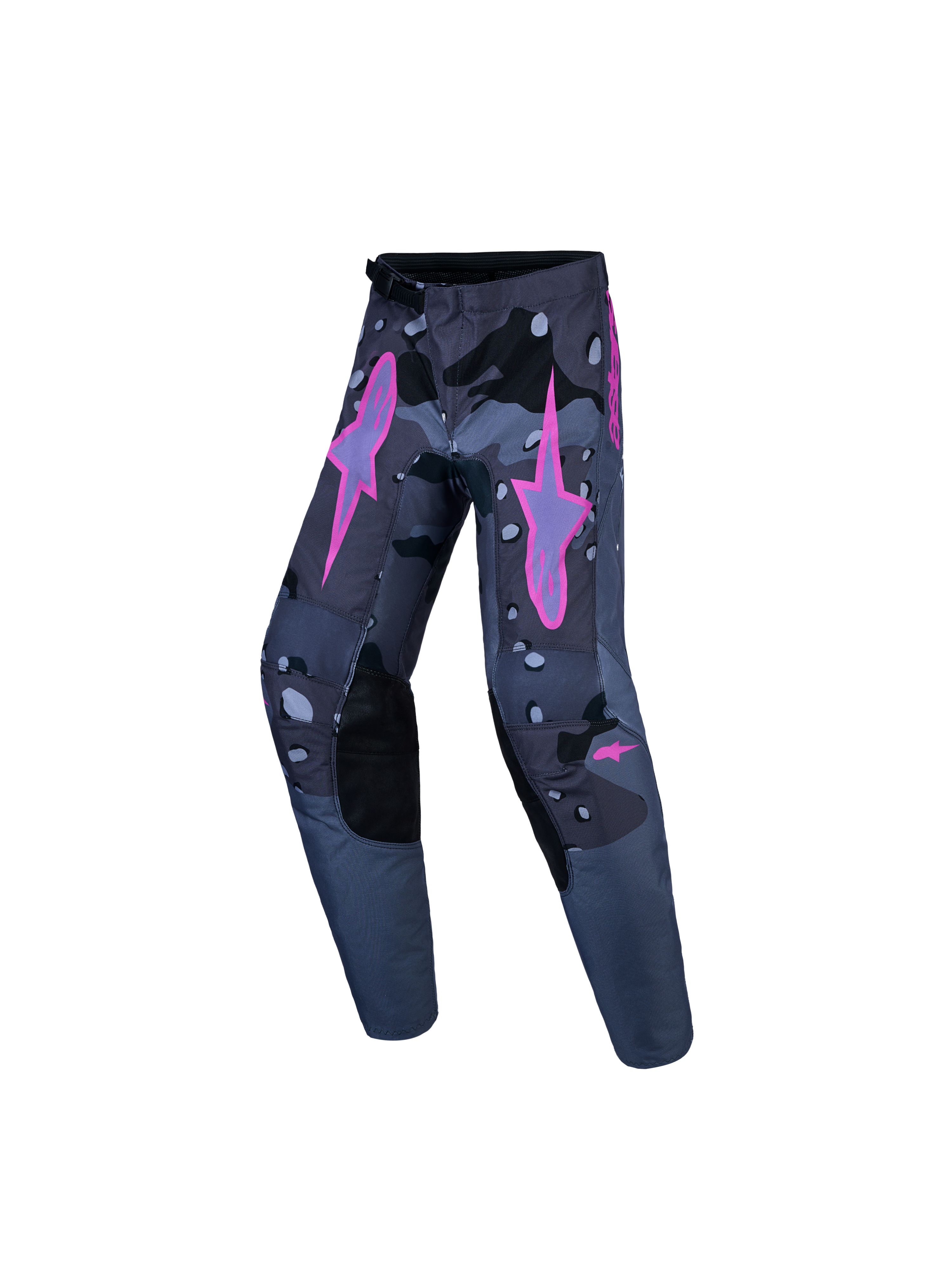 Alpinestars Youth Fluid Lone V2 Pants, youth motocross gear in dark grey camo with bright pink star logos and reinforced knees.