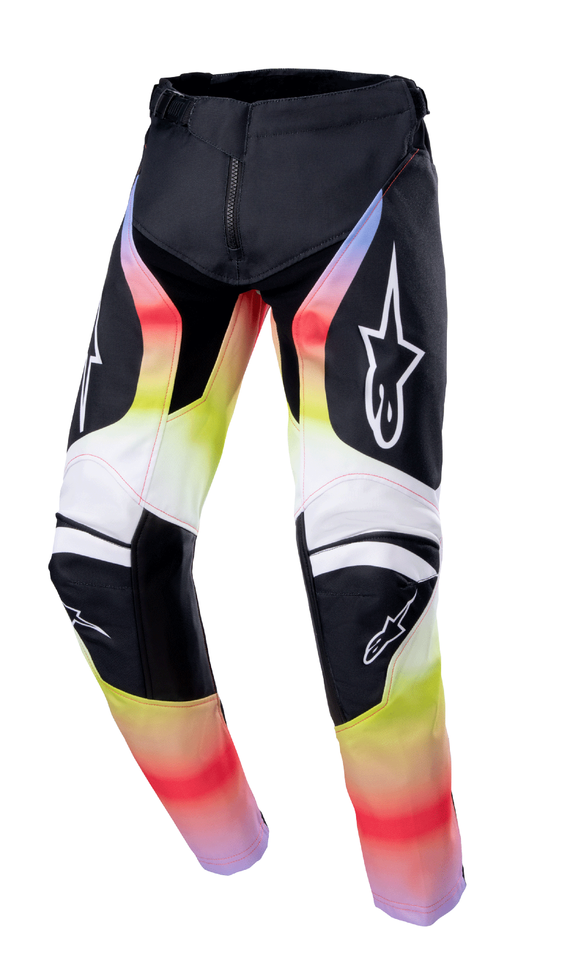 Alpinestars 2023 Youth Racer Semi Pants, Motocross Racing Pants, Black with Red Yellow and White Gradient, Star Logos on Thighs and Knees, Technical Design with Reinforced Knee Protection