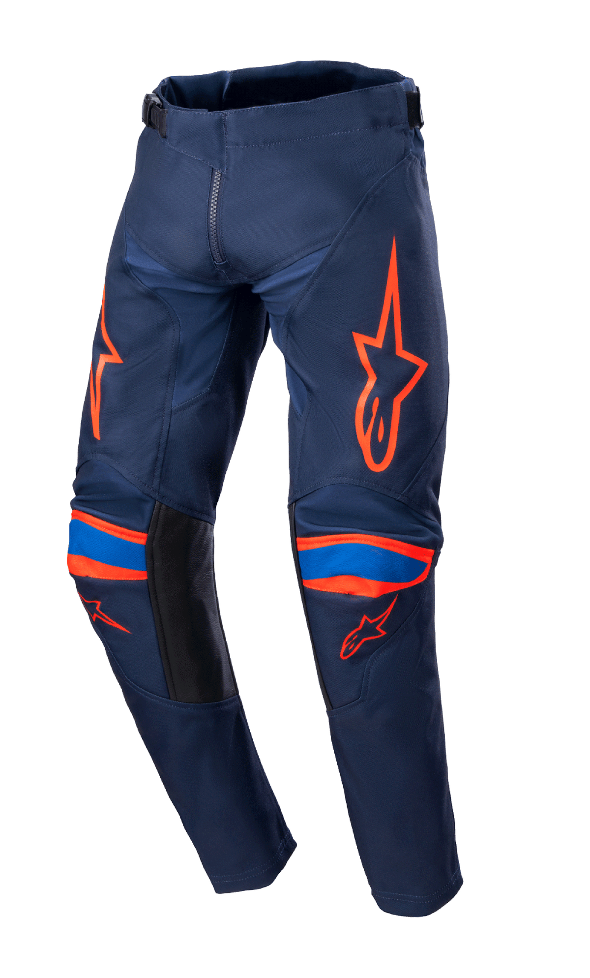Alpinestars 2023 Youth Racer Narin bukser, motocross-bukser, Night Navy og Hot Orange, med klare orange logografikker på lår og knæ, blå detaljer, sorte indvendige benpaneler, holdbar tekstilkonstruktion til terrænkørsel