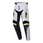Alpinestars Youth 2024 Racer Lucent Pants, Motocross Pants, White Black and Yellow Fluo, star logos on thighs, black panels on inner legs and knees, sporty pre-curved design for motocross performance