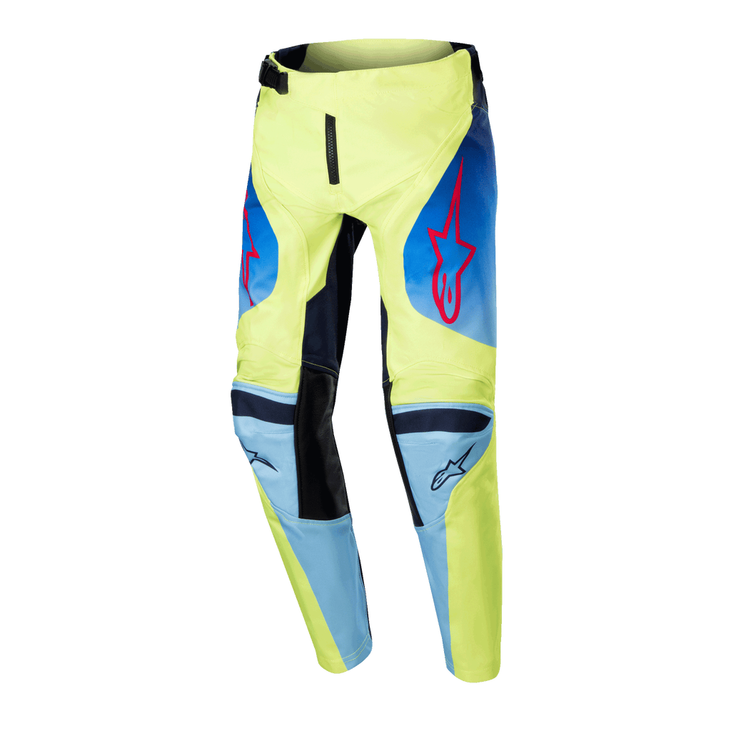 Alpinestars 2024 Youth Racer Hoen bukser, motocross-bukser til unge, fluorescerende gul og mørkeblå, med røde Alpinestars-stjernelogoer, mørkeblå paneler og sorte forstærkede knæ, sporty design til off-road racing