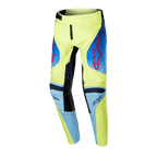 Alpinestars 2024 Youth Racer Hoen bukser, motocross-bukser til unge, fluorescerende gul og mørkeblå, med røde Alpinestars-stjernelogoer, mørkeblå paneler og sorte forstærkede knæ, sporty design til off-road racing