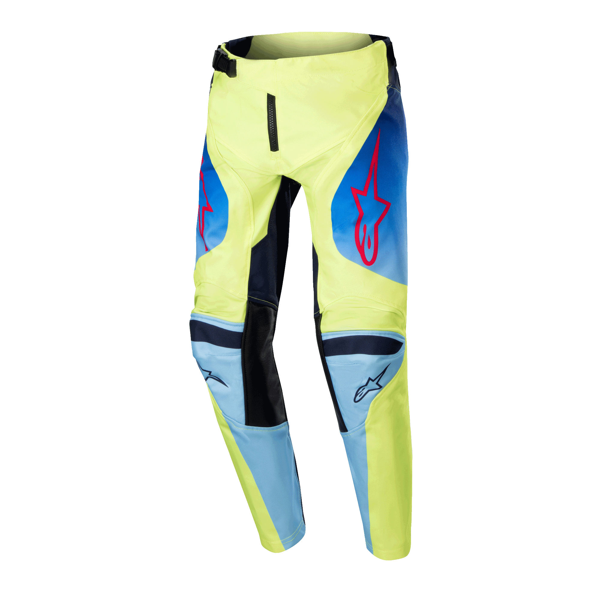 Alpinestars 2024 Youth Racer Hoen bukser, motocross-bukser til unge, fluorescerende gul og mørkeblå, med røde Alpinestars-stjernelogoer, mørkeblå paneler og sorte forstærkede knæ, sporty design til off-road racing