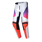 Alpinestars 2024 Youth Racer Hoen bukser, motocrossbukser til unge, lysgrå, hot orange og sort, med iøjnefaldende orange knæpaneler og sorte logoer, lilla-til-orange graduerede grafikker på lårene, ergonomisk forbuet design til off-road kørsel