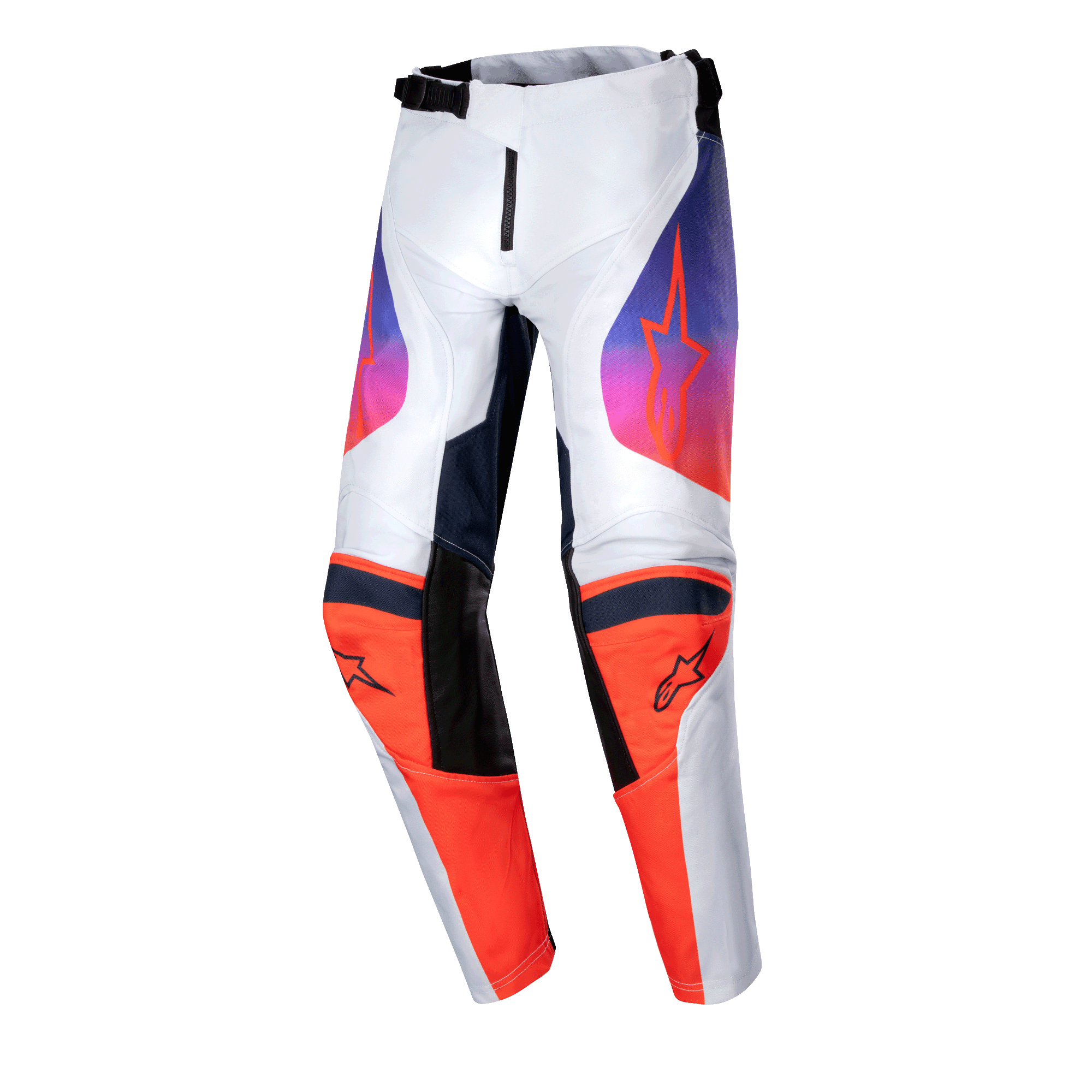 Alpinestars 2024 Youth Racer Hoen bukser, motocrossbukser til unge, lysgrå, hot orange og sort, med iøjnefaldende orange knæpaneler og sorte logoer, lilla-til-orange graduerede grafikker på lårene, ergonomisk forbuet design til off-road kørsel