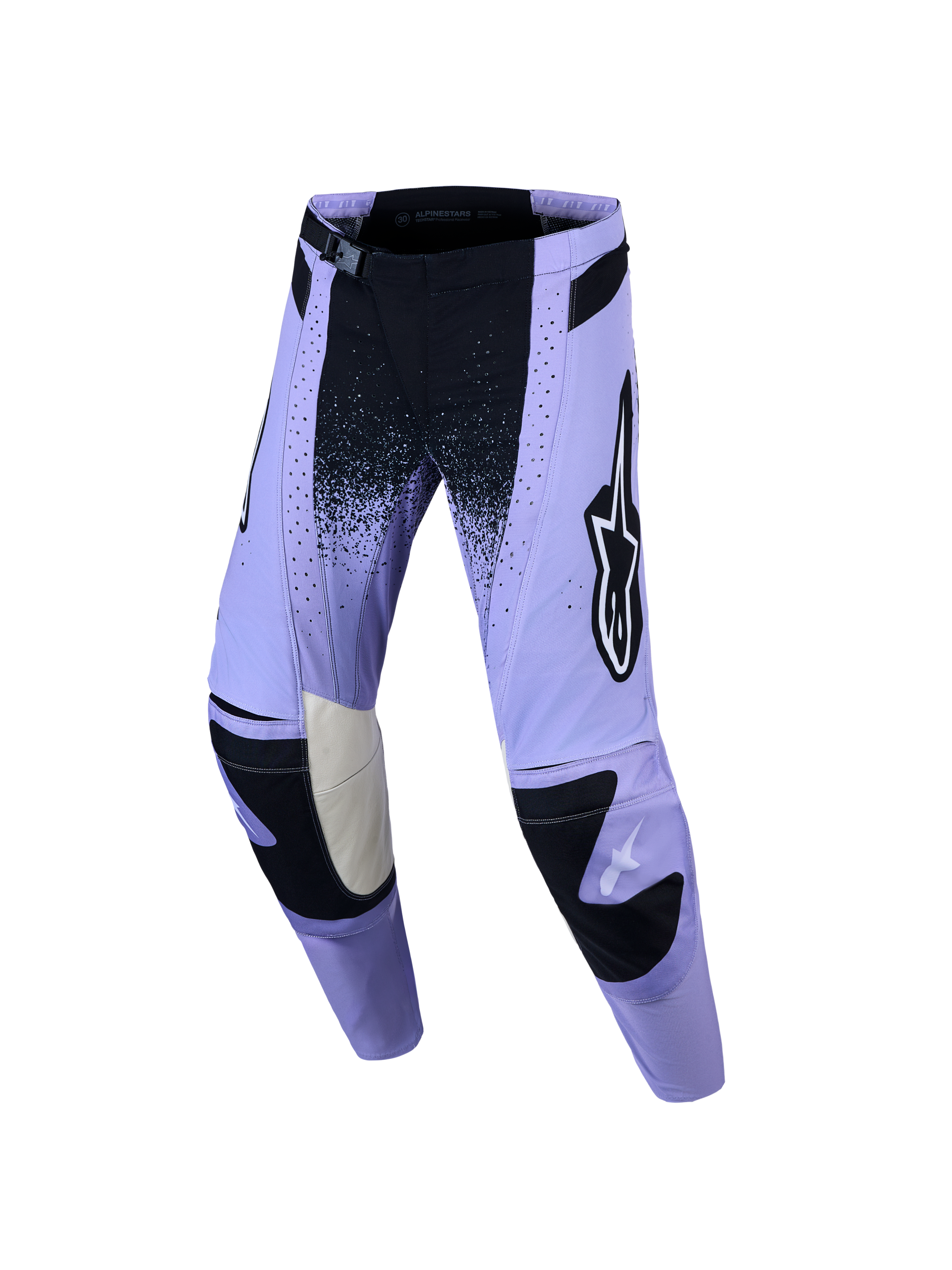 Alpinestars Stella Techstar Swan dame-motocrossbukser, lilla og sort, med laserudskårne ventilationshuller og SX2-spænde
