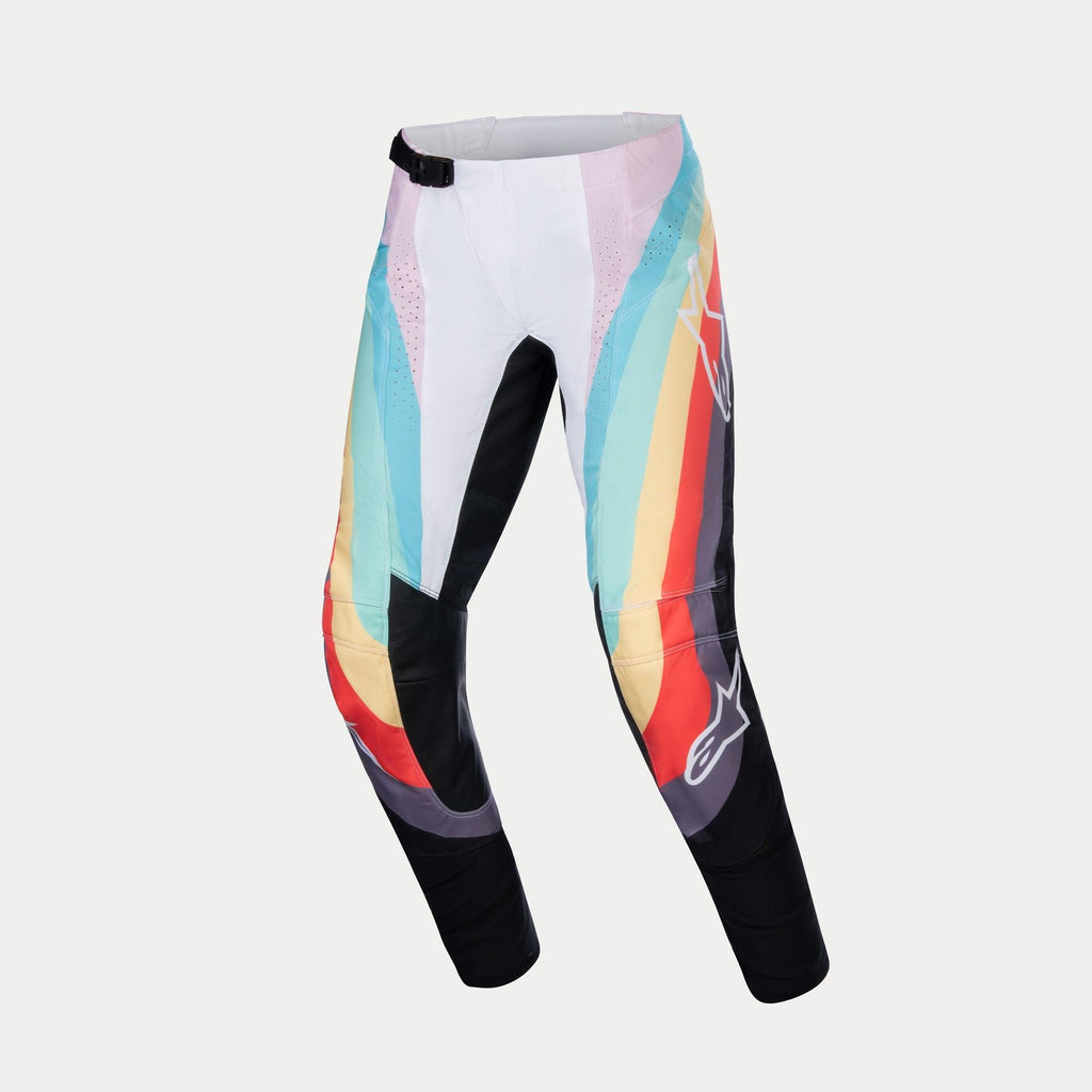Alpinestars Stella 2024 Techstar bukser til damer, motocross-bukser, sort multifarvet med hvide, turkise, gule og røde grafiske paneler, sort magnetisk taljespænde, Alpinestars-logoer på benene og perforerede sektioner til ventilation, designet til off-road racing